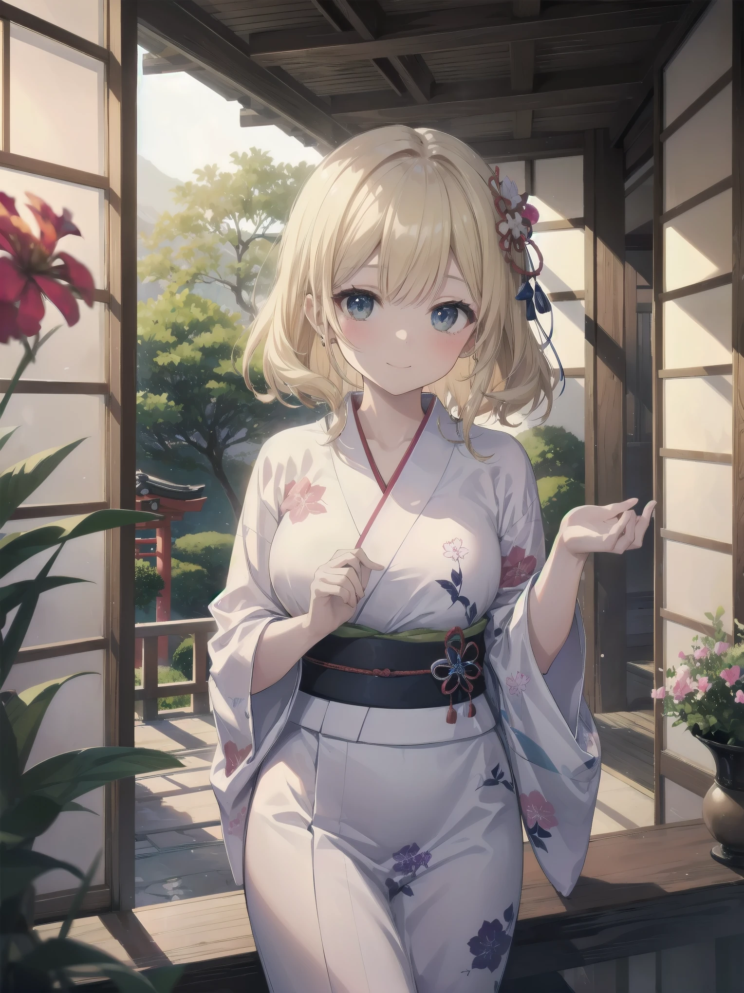 Subject: pretty beautiful girl
Subtitle: {Long, straight blonde hair}{Japanese-style yukata}{Posing picking flowers}{Japanese garden}{Smiling demurely}{Mirrorless camera, f/1.8, 1/400 sec, ISO 800, soft focus effect}

A beautiful girl with long, straight blonde hair stands in a quiet Japanese garden. She is wearing a beautiful Japanese yukata and is elegantly picking flowers. Her modest smile enhances her elegance and makes for a memorable scene. In the background is a lush green Japanese garden, which gives the scene a traditional beauty. The photo was taken with a mirrorless camera at f/1.8 aperture, shutter speed 1/400 sec, ISO 800, and the soft-focus effect adds to the soft, magical atmosphere.