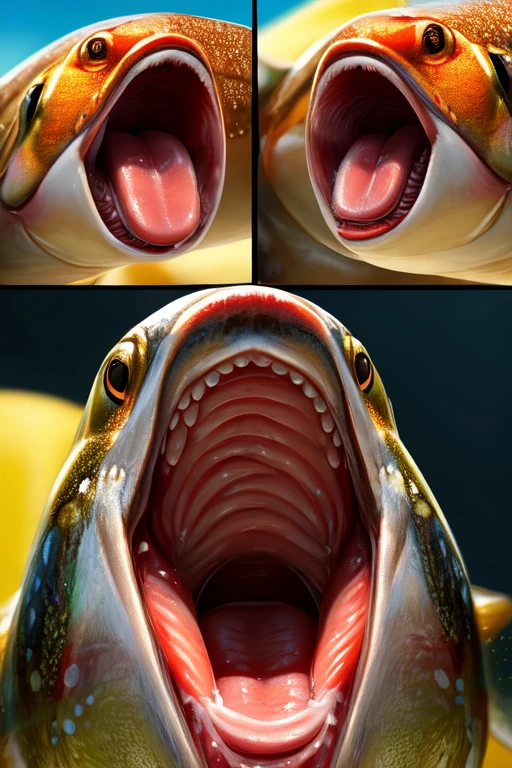 Single Trout fish with no teeth, large wide open mouth with milk inside mouth, surprised face with cute eyes facing the camera close up, photorealistic. Milk inside mouth. Milk dripping out of mouth. Muscles jaw. Defined fish jaw
