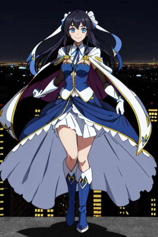 Girl1, solo, blue eyes, smile, breasts, brocades and ribbons, black hair, white gloves, blue cape, leather pants, boots, looking at viewer, best quality, masterpiece