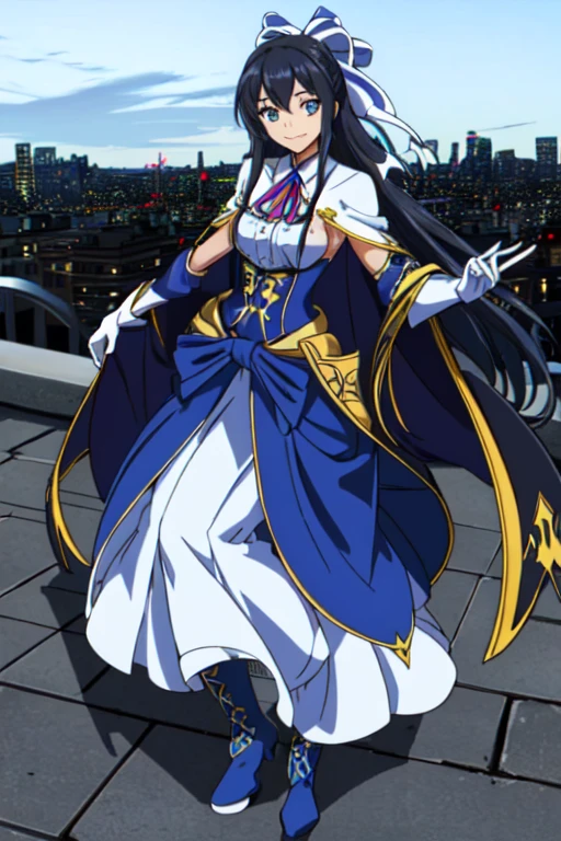 Girl1, solo, blue eyes, smile, brocades and ribbons, black long hair, white gloves, blue cape, long skirt, boots, looking at viewer, city, best quality, masterpiece