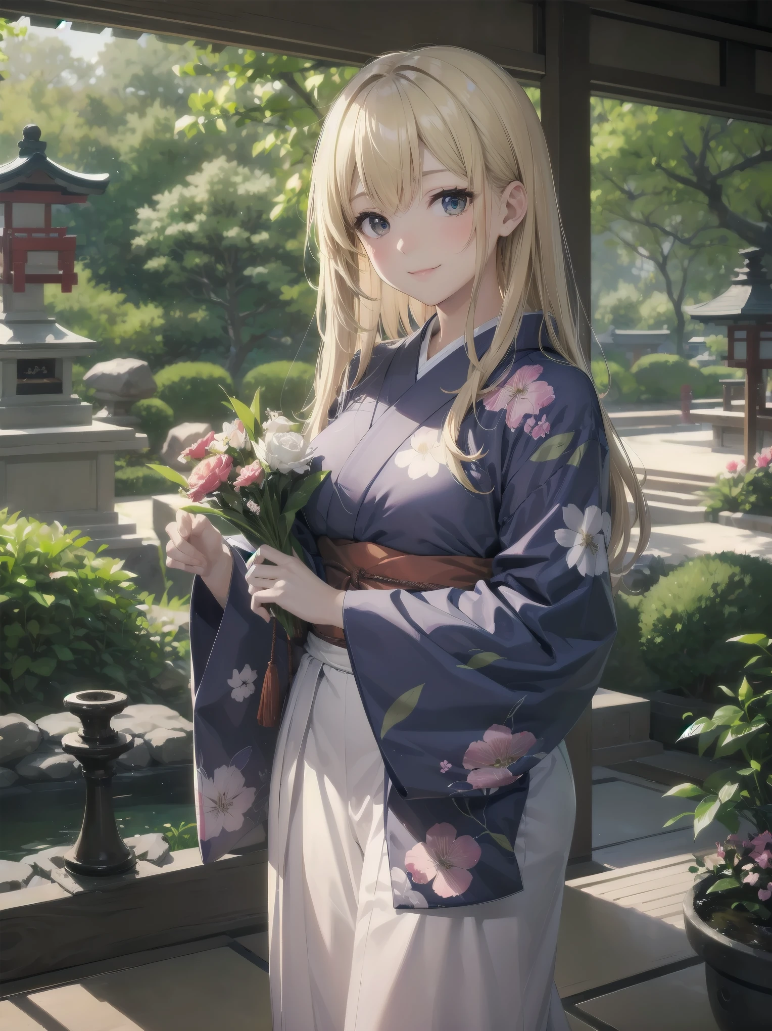 Subject: pretty beautiful girl
Subtitle: {Long, straight blonde hair}{Japanese-style yukata}{Posing picking flowers}{Japanese garden}{Smiling demurely}{Mirrorless camera, f/1.8, 1/400 sec, ISO 800, soft focus effect}
A beautiful girl with long, straight blonde hair stands in a quiet Japanese garden. She is wearing a beautiful Japanese yukata and is elegantly picking flowers. Her modest smile enhances her elegance and makes for a memorable scene. In the background is a lush green Japanese garden, which gives the scene a traditional beauty. The photo was taken with a mirrorless camera at f/1.8 aperture, shutter speed 1/400 sec, ISO 800, and the soft-focus effect adds to the soft, magical atmosphere.