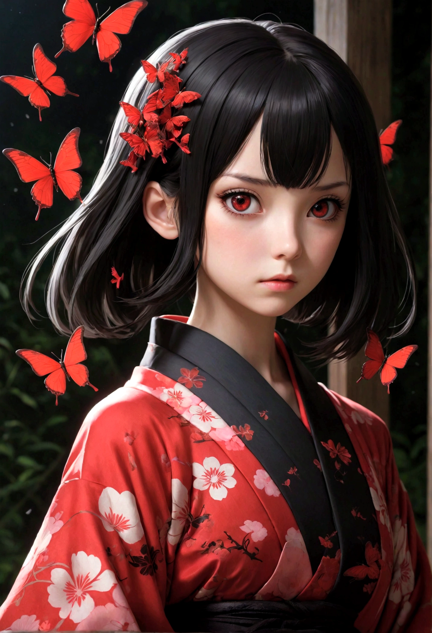 Photorealistic, Surreal, Cinematic Lighting, 32K, Girl, A dimly lit otherworld with many large butterflies flying around, Enma Ai, the protagonist of the Japanese anime Hell Girl, is 13 years old, Enma Ai is a girl with long hair that reaches down to her waist, straight black bob cut. There are no hair ties. Her eyes are red, her pupils a vivid red, contrasting vividly with her pale skin. She wears a Japanese kimono with a vivid floral pattern on a black background. She opens the front of the kimono by herself to reveal her bare breasts. A close-up of her face, upper body shot. Her expression is calm and serene, but with an underlying sense of sadness and mystery. The background is dark and eerie, reflecting her connection to hell, and she stands beside a pool of bright red blood. Supernatural.