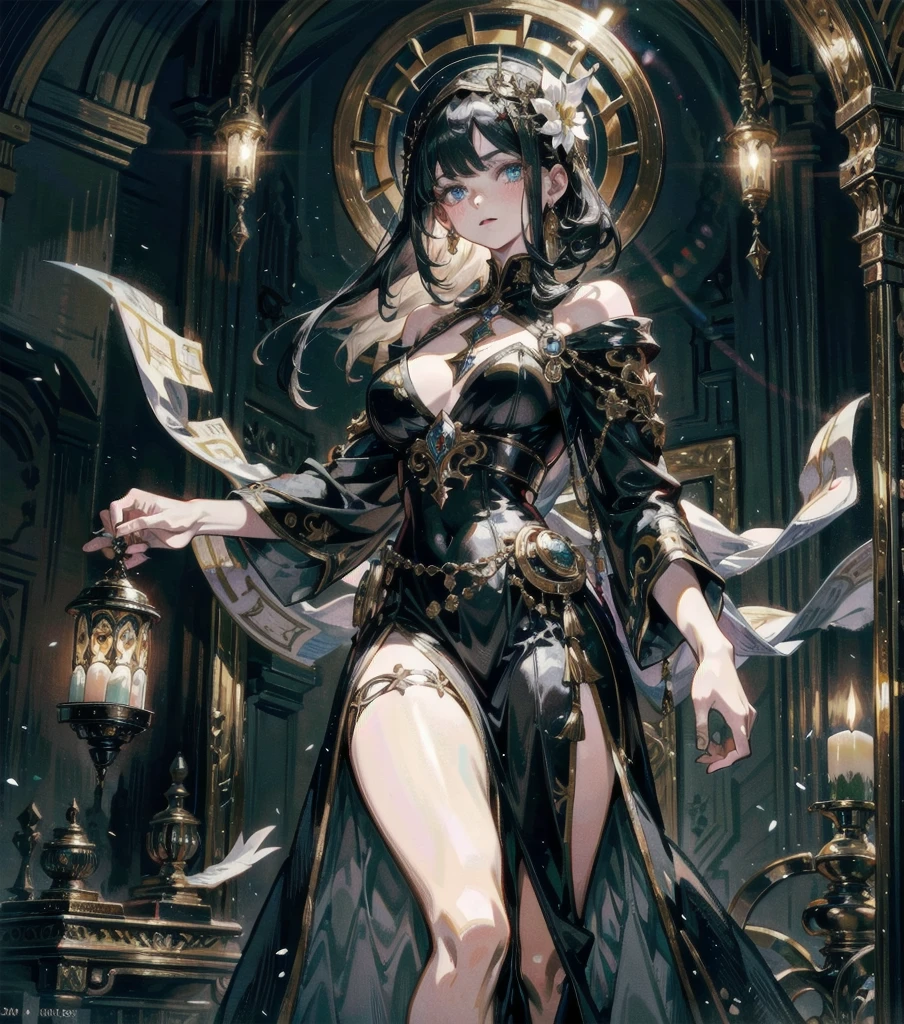 absurdres, RAW photo, extremely delicate, extremely beautiful, masterpiece, Best Quality, ultra high resolution, 32k, hyperrealistic, ultra-detailed description, perfect anatomy, correct body, ideal ratio of body proportions, pale skin, 20 years old, detailed beautiful face, detailed beautiful face eyes, tearful mole, earring, medium hair, black hair, big tits, whole body shot, mystical fortune teller, elegant woman diviner, occult tarot reader, intricate ornate costume, mystic crystal ball, a magical occult fortune teller's mansion, old antique furniture, crystal ball, tarot cards, candlelight,