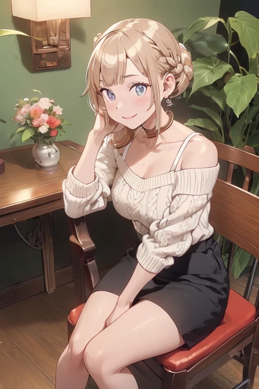 (((Masterpiece))),(((Super Detail))),(((in 8K))),(((best composition))),(((Rim lighting,Fireglow effect,deep shadow))),solo,(Hatsune Miku:1.0),Beautiful fingers,Detailed finger features,(Detailed hair features:1.7),(Dynamic and sexy bending pose:1.3),detailed facial features,detailed clothes features, (perky chest:1.1), (pointed chest:1.3), delicate beautiful face, Bright blue eyes, cute eyes, sparkling eyes, Big eyes, beautiful detailed eyes,double bun with glittering hair ornament,(super detailed glossy skin:1.3),slender body,tits,goddess smile,((with sparkling eyes and a contagious smile)),beautiful posture,have a cup of coffee,black hair, red eyes, dress, bare shoulders, jewelry, collarbone, sidelocks, hairband, earrings, indoors, off shoulder, sweater, arms behind back, plant, short hair with long locks, white hairband, off-shoulder dress, sweater dress, off-shoulder sweater, red sweater, big side hair, very long side hair,(super delicate floral pattern:1.2),seductive cleavage:1.3,beautiful glossy legs,shiny red high heels,lifting dishes with cakesd,french restaurant,hustle and bustle,rising steam,(((depth of fields)))