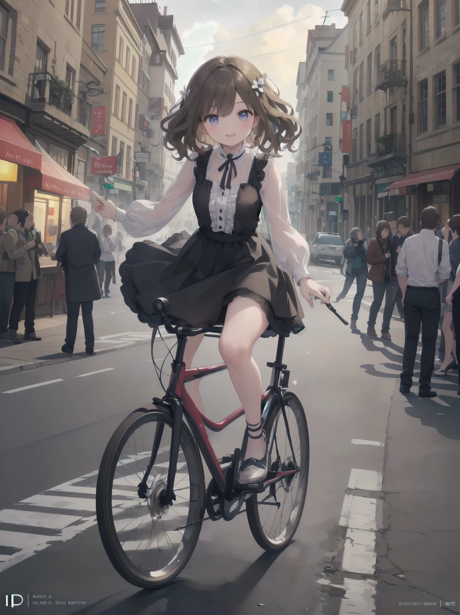 (((Very detailed, Very detailed CG ユニティ 8k 壁紙, figure, High resolution, Absurd, Beautiful fine details, finely detailed 胸, Very detailed髪)), ((masterpiece)) Subject: {A naïve young girl is boldly flouncing around Subtitle: {Long brown curly hair}{Gothic dress, chiffon blouse and tulle skirt, lace and bead decoration}{Cycling in the city}{Streetscape of squares and cafés}{Glowing smile}{Drone camera, f/2.8, 1/2000 sec, ISO 400, wide angle lens} A girl with long, curly brown hair is cycling in a cityscape of squares and cafés. She is dressed in a gothic dress, her chiffon blouse swaying in the breeze and her tulle skirt fluttering lightly. The dress is decorated with lace and beads, fashionable and detailed. Her muscles move powerfully with each pedal stroke, and her radiant smile attracts people in the street. In the background, a view of fashionable cafés and squares gives a sense of the bustling city atmosphere. Filmed with a drone camera at f/2.8 aperture, shutter speed 1/2000 sec, ISO 400, the wide-angle lens clearly captures the vast landscape and her movements. Her active appearance is depicted as realistically as if it were a scene from a film