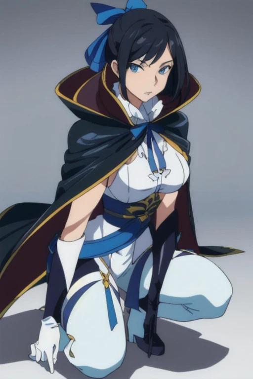 Girl1, solo, blue eyes, mask, breasts, brocades and ribbons, black hair, white gloves, blue cape, leather pants, boots, looking at viewer, best quality, masterpiece 