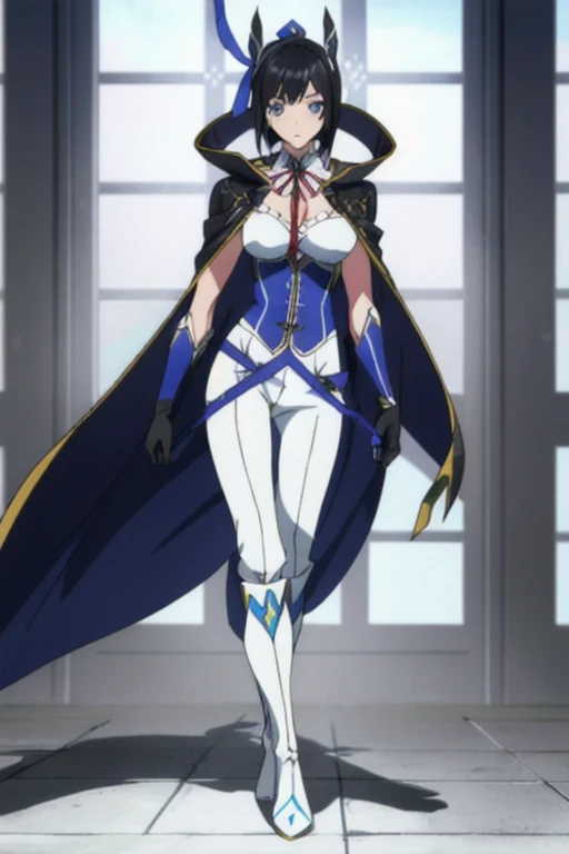 Girl1, solo, blue eyes, mask, breasts, brocades and ribbons, black hair, white gloves, blue cape, leather pants, boots, looking at viewer, best quality, masterpiece 