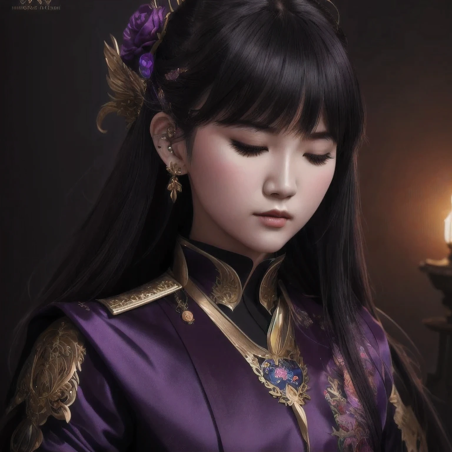 there is a 18 years old in a purple dress holding a dragon, wlop and ross tran, ross tran 8 k, fantasy art style, chengwei pan on artstation, a beautiful fantasy empress, ross tran and wlop, ruan jia and artgerm, the dragon girl portrait, ig model | artgerm, artgerm and ruan jia，beautiful
1girl
bangs
深绿 eyes
closed mouth
ear piercing
earrings
grey background
hair ornament
jewelry
lips
looking at viewer
military
military uniform
nose
piercing
portrait
realistic
short hair
simple background
solo
upper body