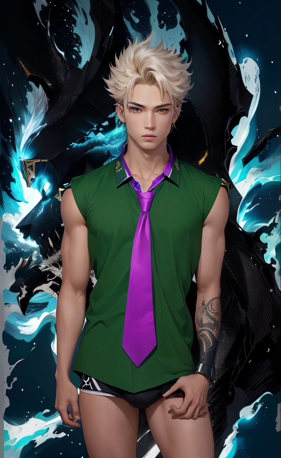 there is a man with a tie and a shirt on, !!retrato de corpo inteiro!!, inspirado em Kris de Deltarrune, inspirado em Philipp Veit, ( ( pele escura ) ), avatar da parte superior do corpo, alquimista de fantasia masculino magro, Avatar da segunda vida, inspirado em Tadashige Ono, vai ferrar estilo anime, como um atlante, arte digital!!