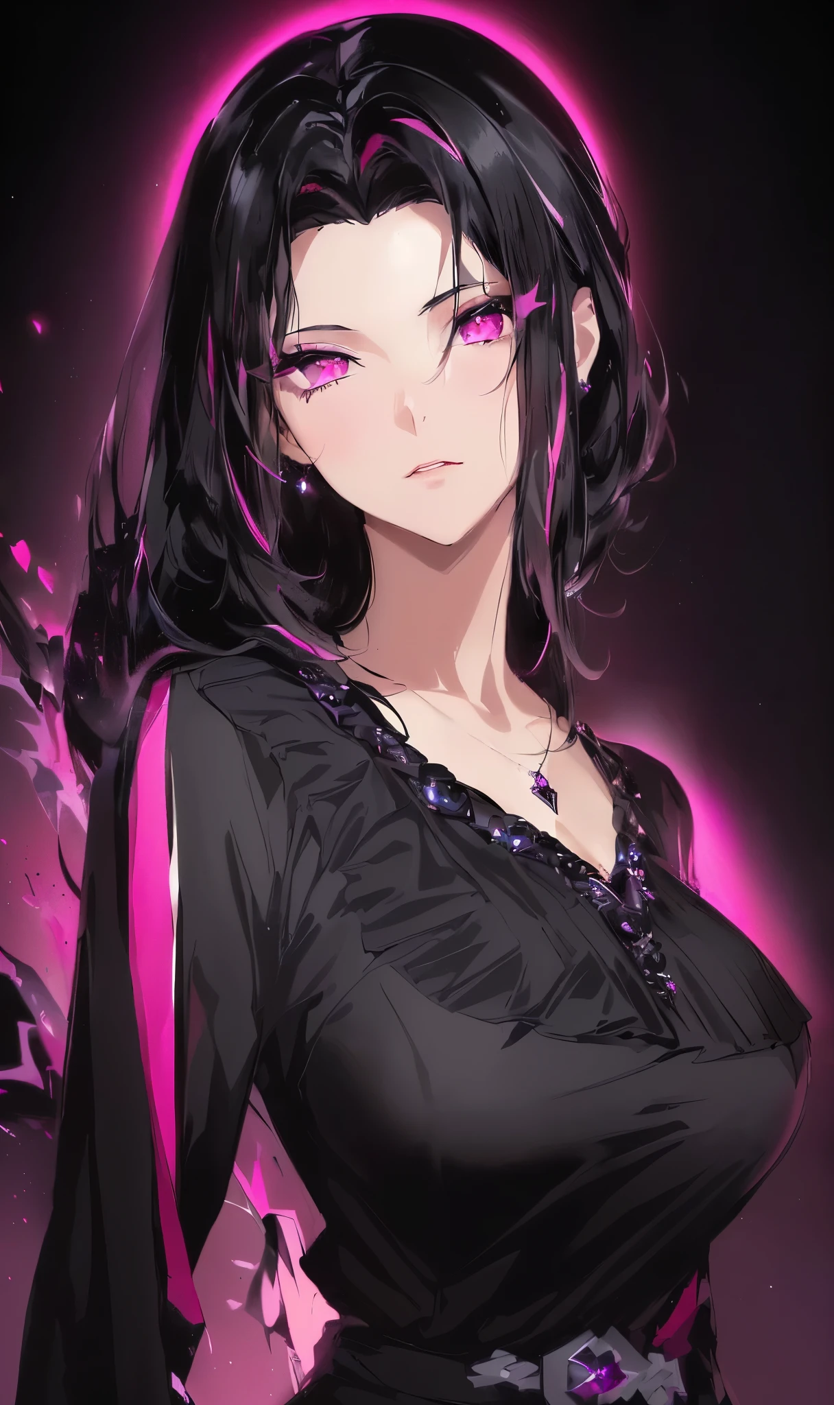 a woman with black hair and pink eyes standing in front of a black background, black haired deity, perfect black haired girl, black haired lady, black haired, female anime character, anime visual of a young woman, nagito komaeda, portrait of a female anime villain , black haired, portrait of a female mage, girl with black hair, detailed anime character art