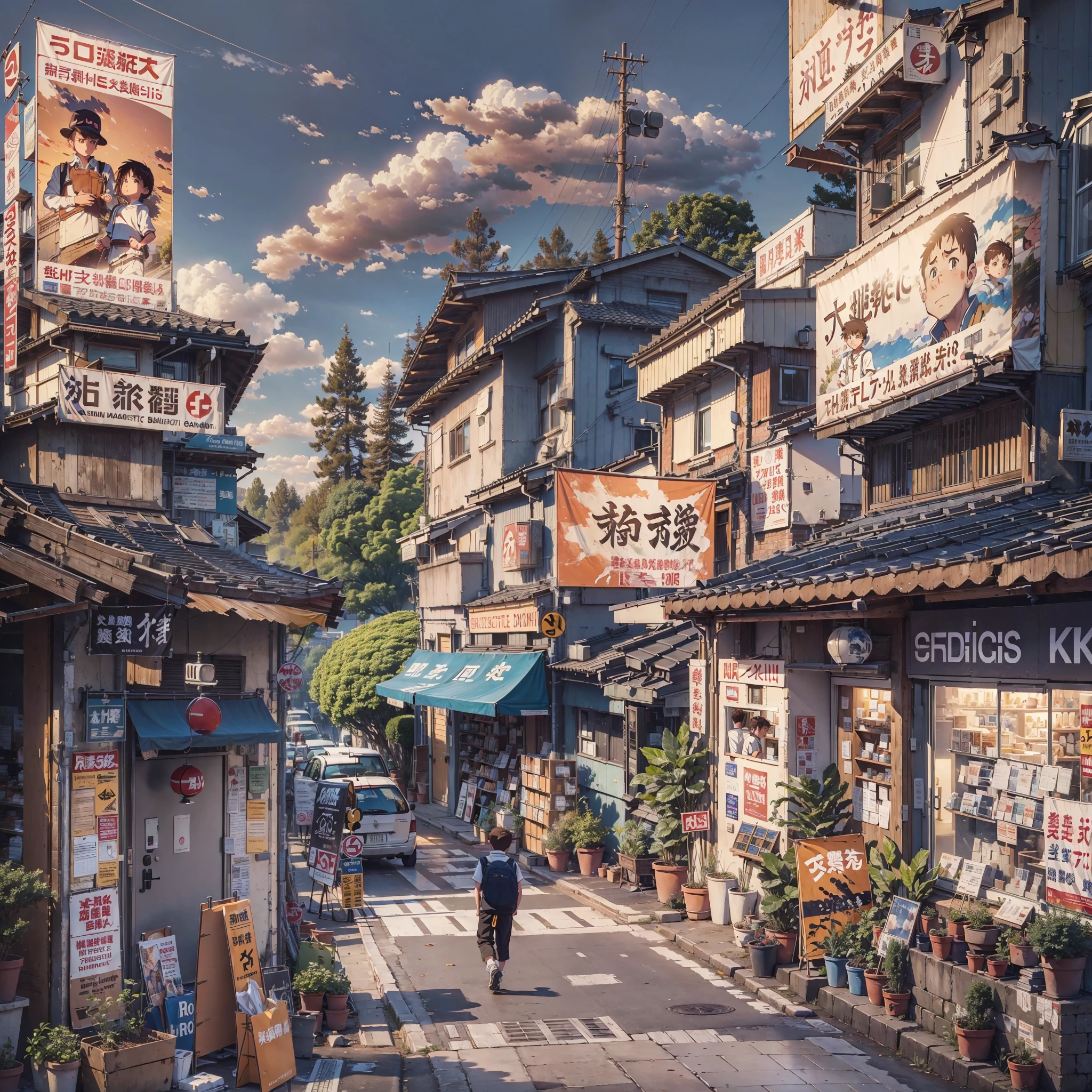 ((best quality)), ((masterpiece)), (detailed), little anime boy walking down the street, white shirt, brown hair, hands in pockets
