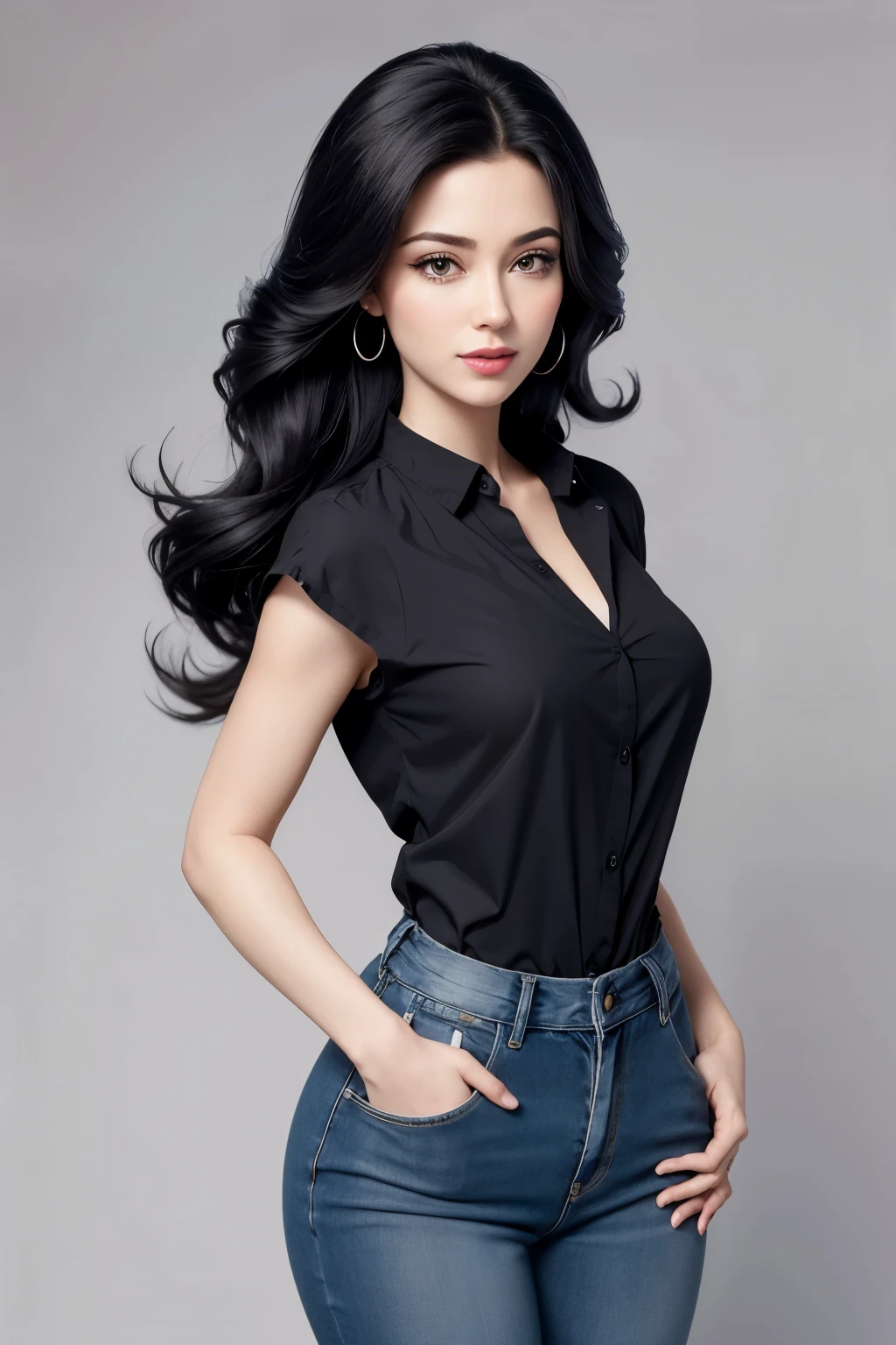 Character with Disney animation style that is female, dressed in jeans and a black white blouse, e a mesma segurando uma caixa como fosse fazer uma entrega .