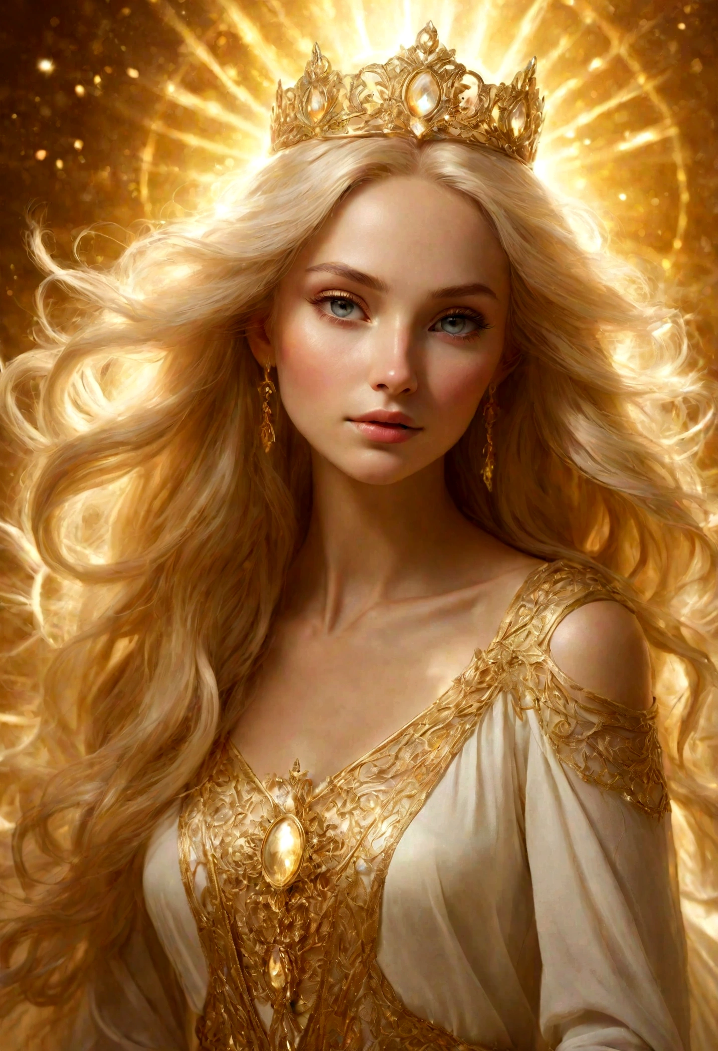 women with long hair, blonde, gold Ethereal light, glowing magical shiny skin, shining golden aura, Golden glow, Golden Rays, Ethereal Angelic Being of Light, unearthly beauty, light effect. female, Ethereal light, unearthly dreamy light, fabulous gorgeous lighting, beautiful portrait in fantasy style, Golden Sky Lights, portrait of the queen of light, Holy Goddess
