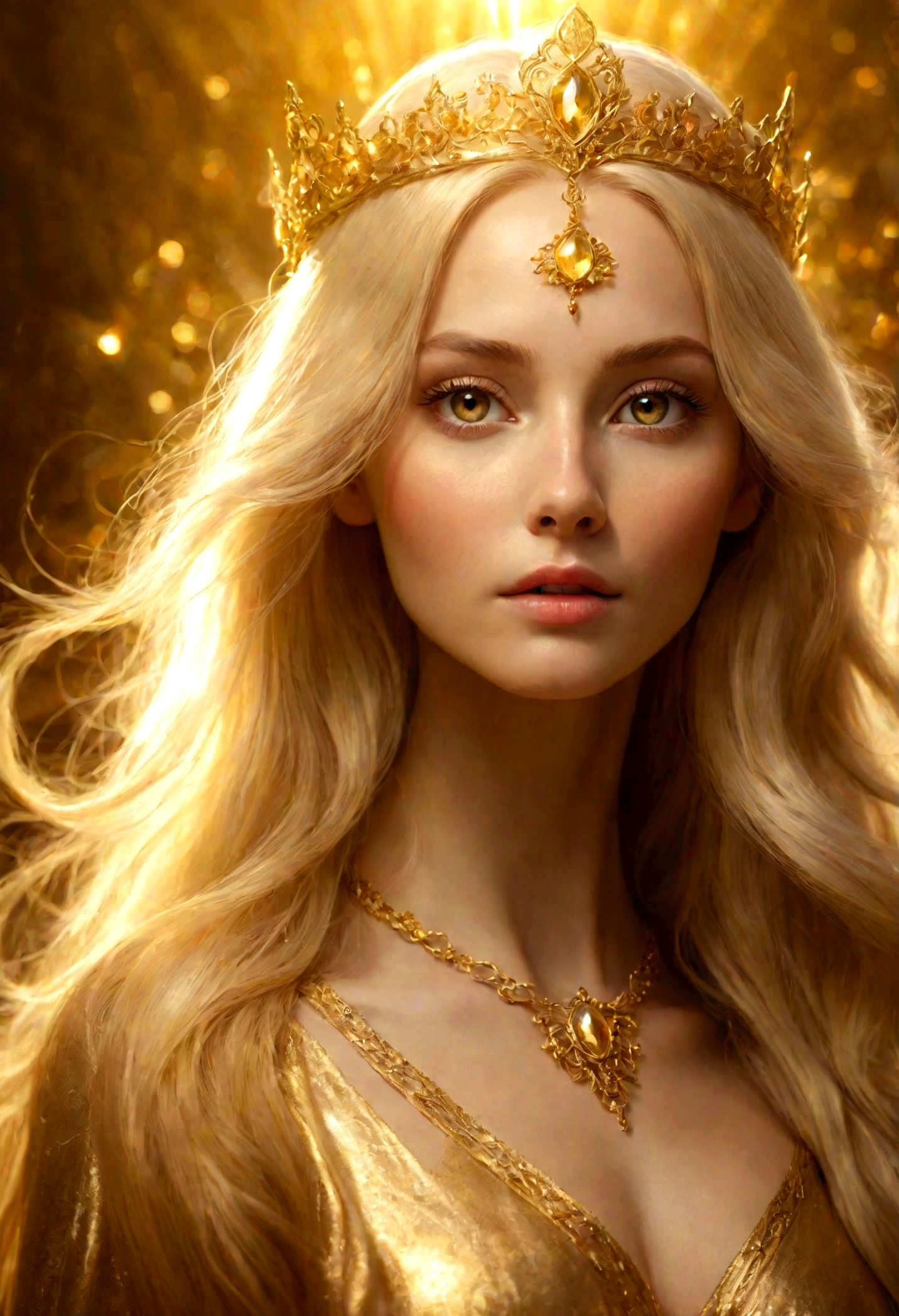 women with long hair, blonde, gold Ethereal light, glowing magical shiny skin, shining golden aura, Golden glow, Golden Rays, Ethereal Angelic Being of Light, unearthly beauty, light effect. female, Ethereal light, unearthly dreamy light, fabulous gorgeous lighting, beautiful portrait in fantasy style, Golden Sky Lights, portrait of the queen of light, Holy Goddess