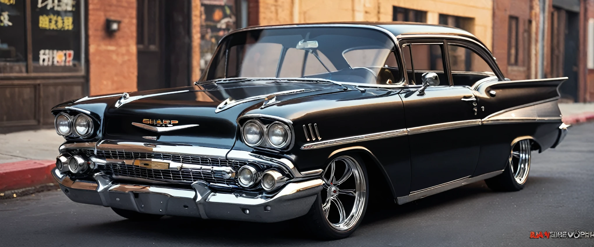 ((hightquality、hight resolution、​masterpiece、sharp focus、photographrealistic、Raw photography、lighting like a movie))、(((No humans)))、1959 Chevrolet Bel Air、star wheel、Wide wheel、metallic black color、headlight with light、Dark windows、Gold accents、gold trim、sunroof、side exhaust、Fire design on front hood、three-quarter front view