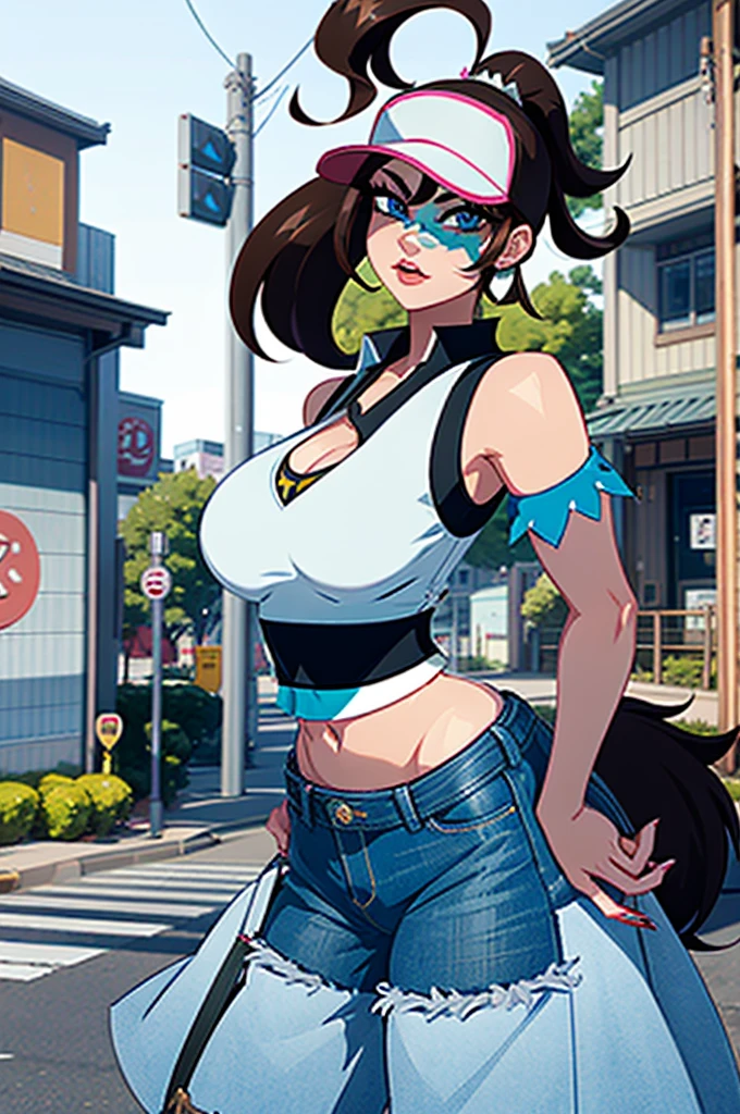 (head fully in frame:1.3), (beautiful face:1.5), (cowboy shot:1.3), looking to the side, beautiful eyes, curvy, (large breasts:1.3), (wide hips:0,9), narrow waist, (midriff:1.2), kajin, shiny skin, oily skin,, def1, hilda \(pokemon\), denim shorts, sleeveless shirt, (white shirt:1.3), black vest, navel, baseball cap, brown hair, ponytail, sidelocks, blue eyes, young female,, (small town street:1.2), medium size semi modern buildings, japanese small city, wending machine, car, (kanji:0.5), (katakana:0.5),
