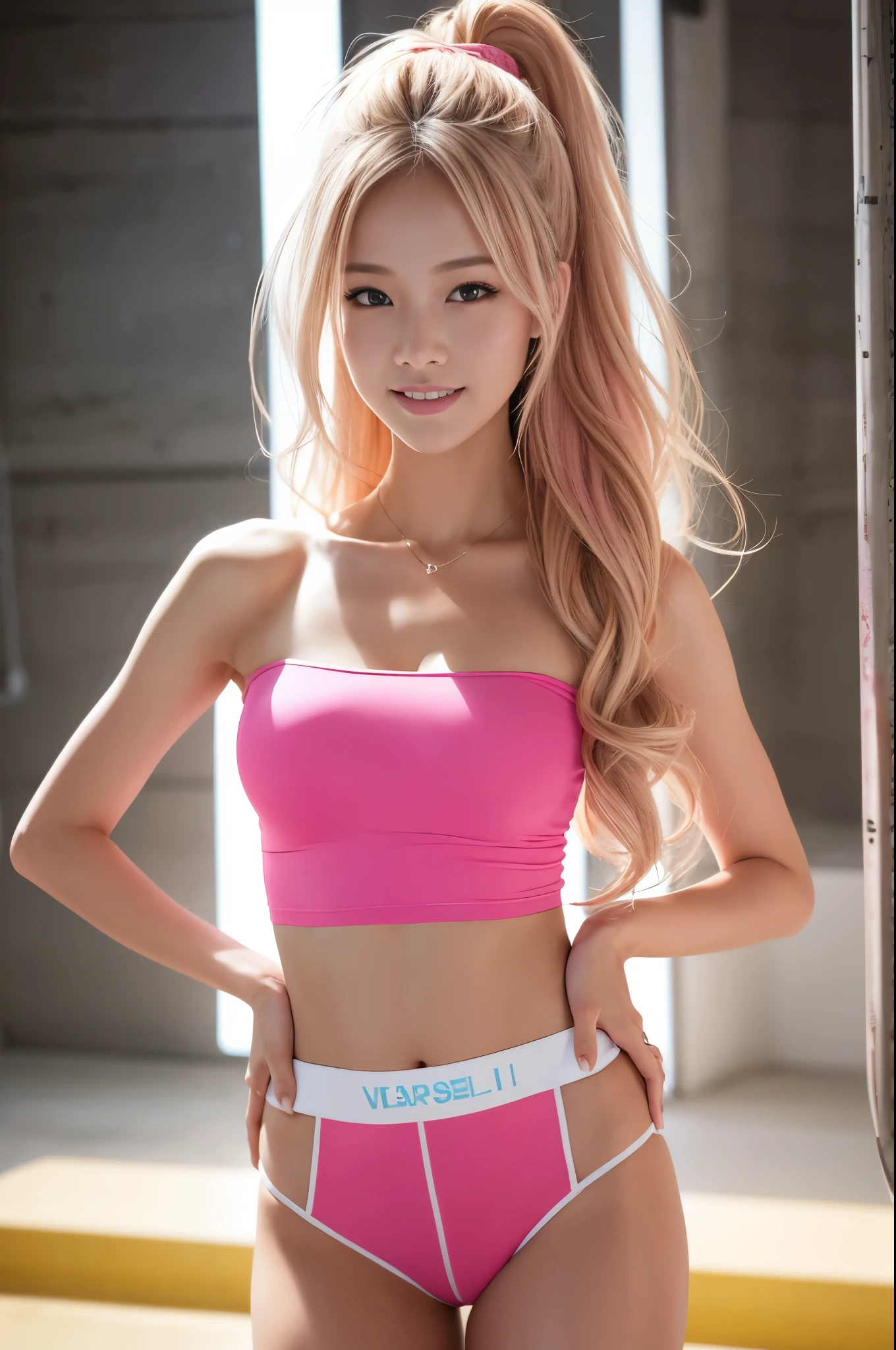 ((top-quality、masutepiece、8K、Top image quality))、(1 photo:1.5)、Highly saturated、vivid、Very bright、1 schoolgirl、(Cute loungewear:1.2)、(Photographing the upper body of a woman standing in a room:1.5)、(Upper body photo:1.5)、(The happiest smile:1.2)、View me、waved hair、(The background is a very large pink and white room.:1.3)、(Recreate a cute pink and white room in detail:1.5)、(A room with a sense of openness:1.3)、clean and comfortable、lipsticks、Emphasize body lines、large full breasts、(accurate anatomy:1.3)、(Perfect blonde:1.2)