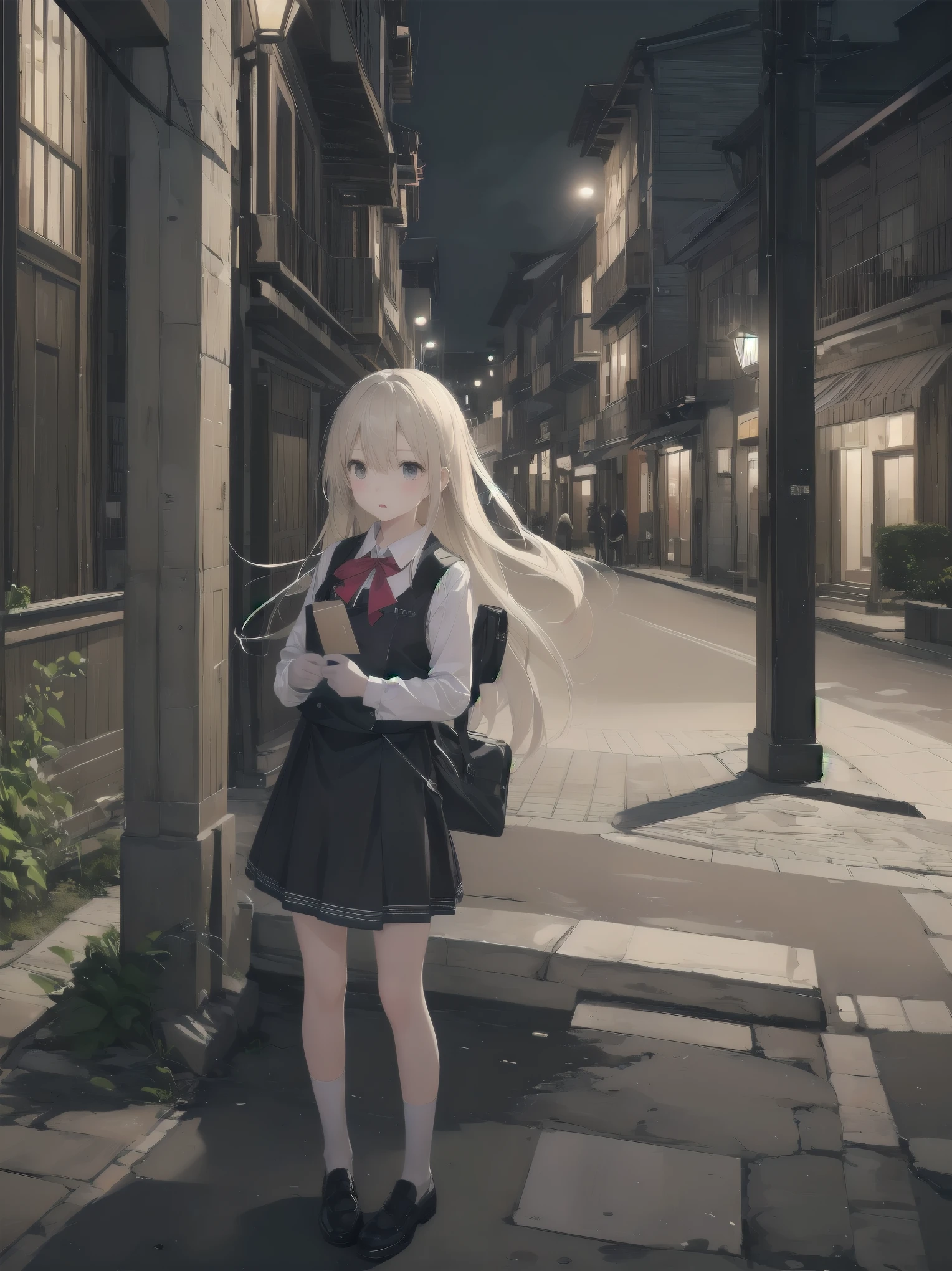 Masterpiece、high quality、high resolution、One girl、solo、uniform, Surprised expression, Standing in the park, At night,Half-body photo, Super detailed, Ultra HD、cute、A shy and shy pose、Capture your subjects at their best with photogravure settings