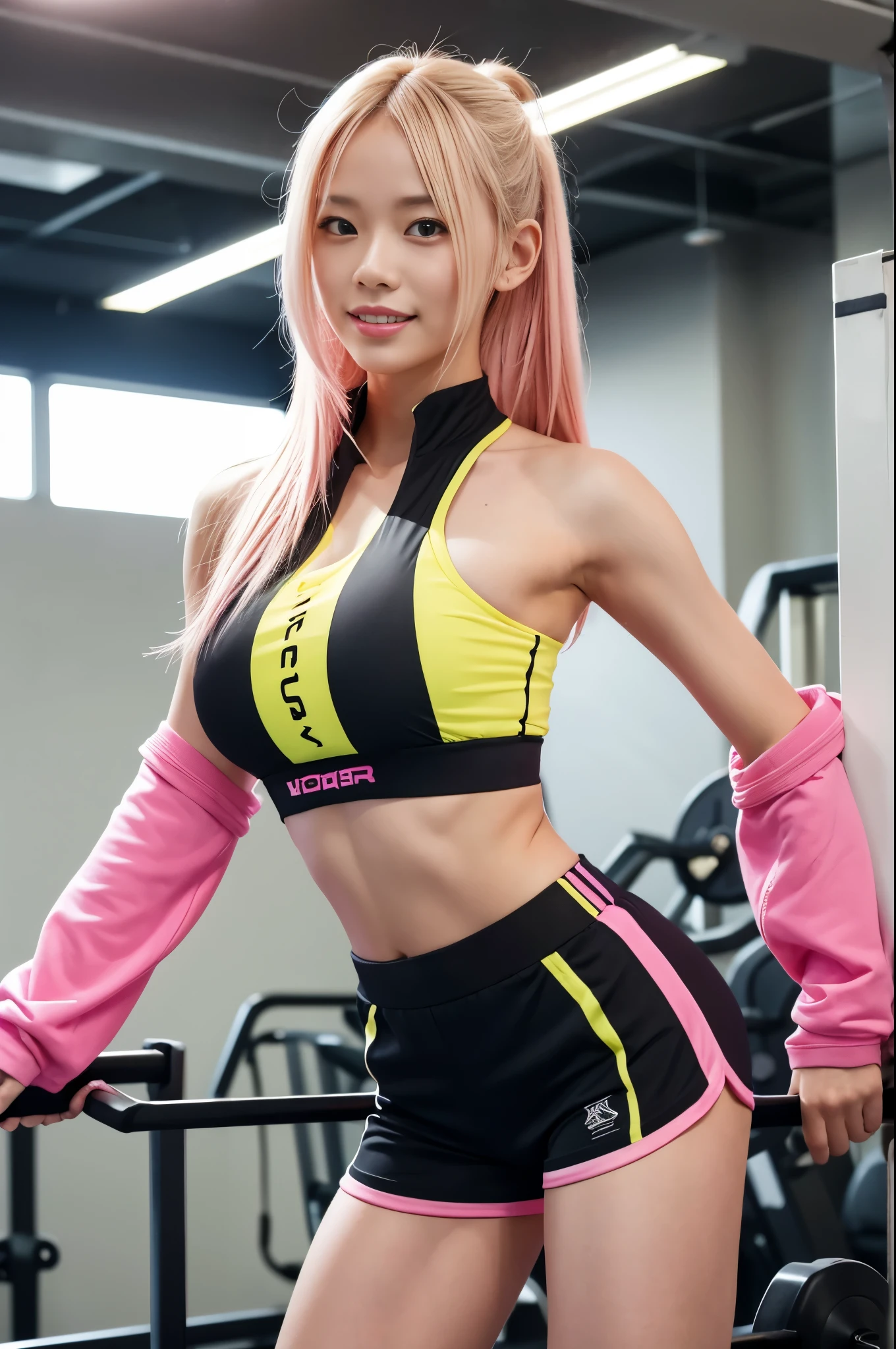 highres、、、masterpiece、、、ultra-detailed、、、tall sporty Swedish model、bright smile、、、whole body、very long stylish hair、、、elegant pose、、Good style、、、、、、、、Fluorescent pink and yellow tight shorts costume、、、strapless top、、Pink Blonde Hair、、、cyber belt、large very detailed training gym background