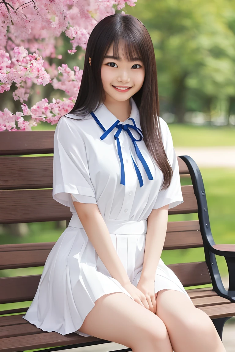 (highest quality、Tabletop、8k、Best image quality、Award-winning works)、1 high school girl、、(alone:1.1)、Perfect beautiful composition、(Big Breasts:1.2)、(Accentuate your body lines:1.1)、Voluptuous body、(A perfect and accurate white polyester shirt:1.1)、(Navy Pleated Skirt:1.1)、(uniform ribbon on chest:1.1)、(sitting on a park bench:1.1)、(Thick legs:1.2)、(One of the most natural and perfect benches:1.2)、(The most accurate bench, Perfectly crafted:1.1)、(The biggest smile is looking at me:1.1)、(Smiling with perfect beautiful teeth:1.1)、(Beautiful park background with strong blur:1.1)、The most natural and perfect beauty park、Perfectly maintained park、Standing Elegantly、Natural Makeup、(美しいThick legs:1.2)、Ultra-high definition beauty face、Ultra HD Hair、Ultra HD Shining Eyes、(Ultra-high resolution glossy skin:1.1)、Super high quality glossy lip、(Accurate anatomy:1.1)、(very bright and vivid:1.1)、Cherry tree in the distance