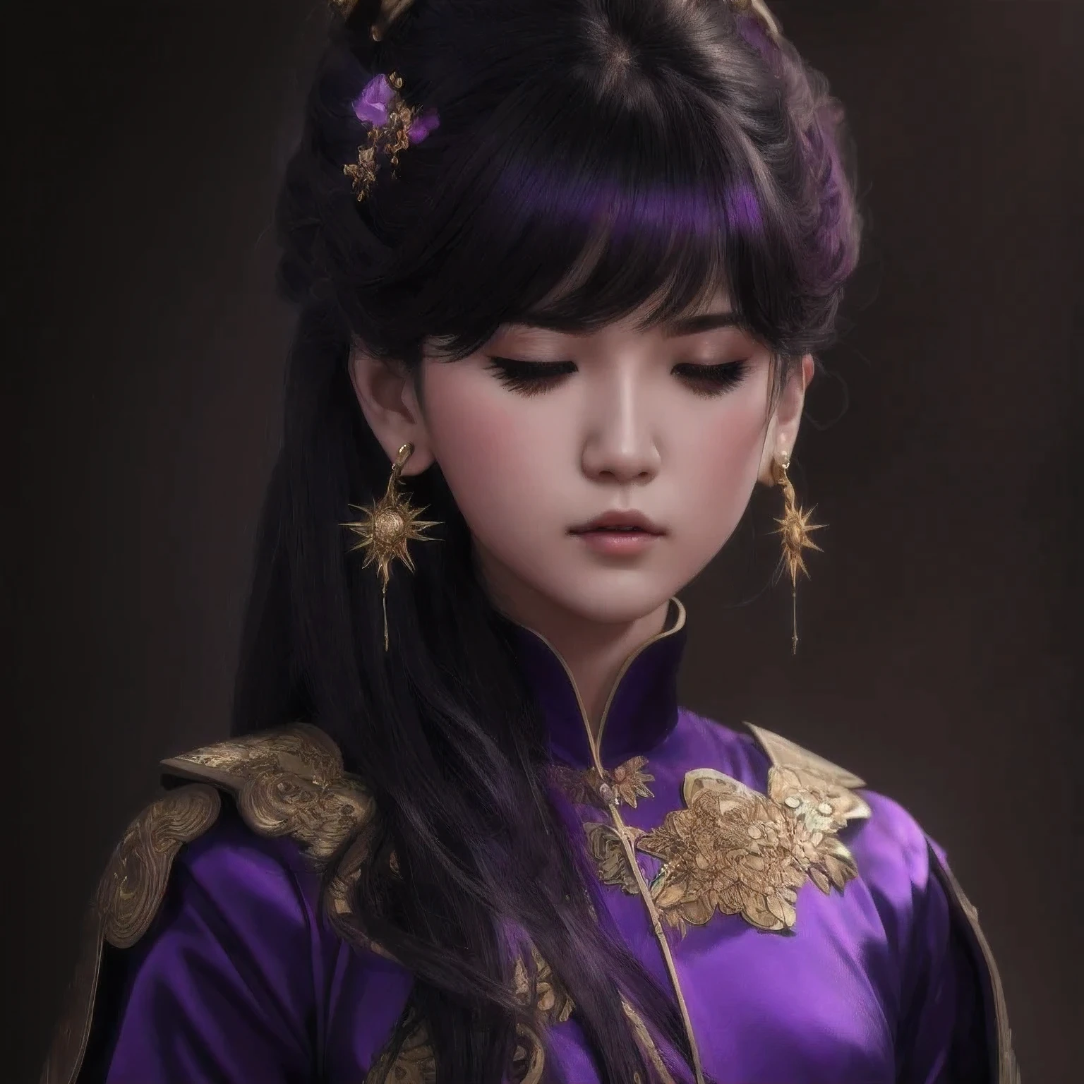 there is a 18 years old in a purple dress holding a dragon, wlop and ross tran, ross tran 8 k, fantasy art style, chengwei pan on artstation, a beautiful fantasy empress, ross tran and wlop, ruan jia and artgerm, the dragon girl portrait, ig model | artgerm, artgerm and ruan jia，beautiful
1girl
bangs
深绿 eyes
closed mouth
ear piercing
earrings
grey background
hair ornament
jewelry
lips
looking at viewer
military
military uniform
nose
piercing
portrait
realistic
short hair
simple background
solo
upper body