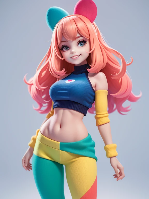 (obra-prima), (melhor qualidade), (ultra-detalhado), (corpo inteiro: 1.2) baby  bonita e fofa, tema neon, capuz, moletom colorido, Knitted jumpsuits, Pants, jaqueta, blusa, sorriso claro, corpo inteiro, :3, fundo tom pastel , colorido e simples.((whole body))