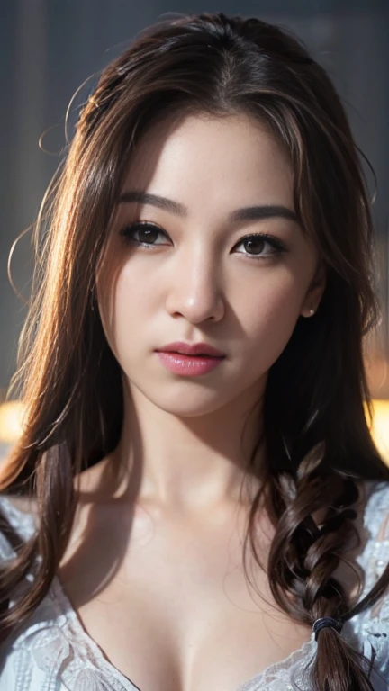 (photograph:1.2)、(photorealistic:1.3)、(masterpiece:1.3)、(Highest image quality:1.4)、ultra high resolution、(detailed eyes)、(detailed facial features)、(Detailed garment features)、8K resolution、solo focus、26 year old mature woman、no makeup、Detailed leal beautiful eyes、bangs、gold hair、long cut hair, braided hair、(realistic skin)、beautiful skin、charming、ultra high resolution、Super realistic、High definition、Camisa branca aberta、small breasts、bust B cup、cool beauty、Gray background、cinematic lighting、perfect、soft light、High resolution skin:1.2、realistic skin texture