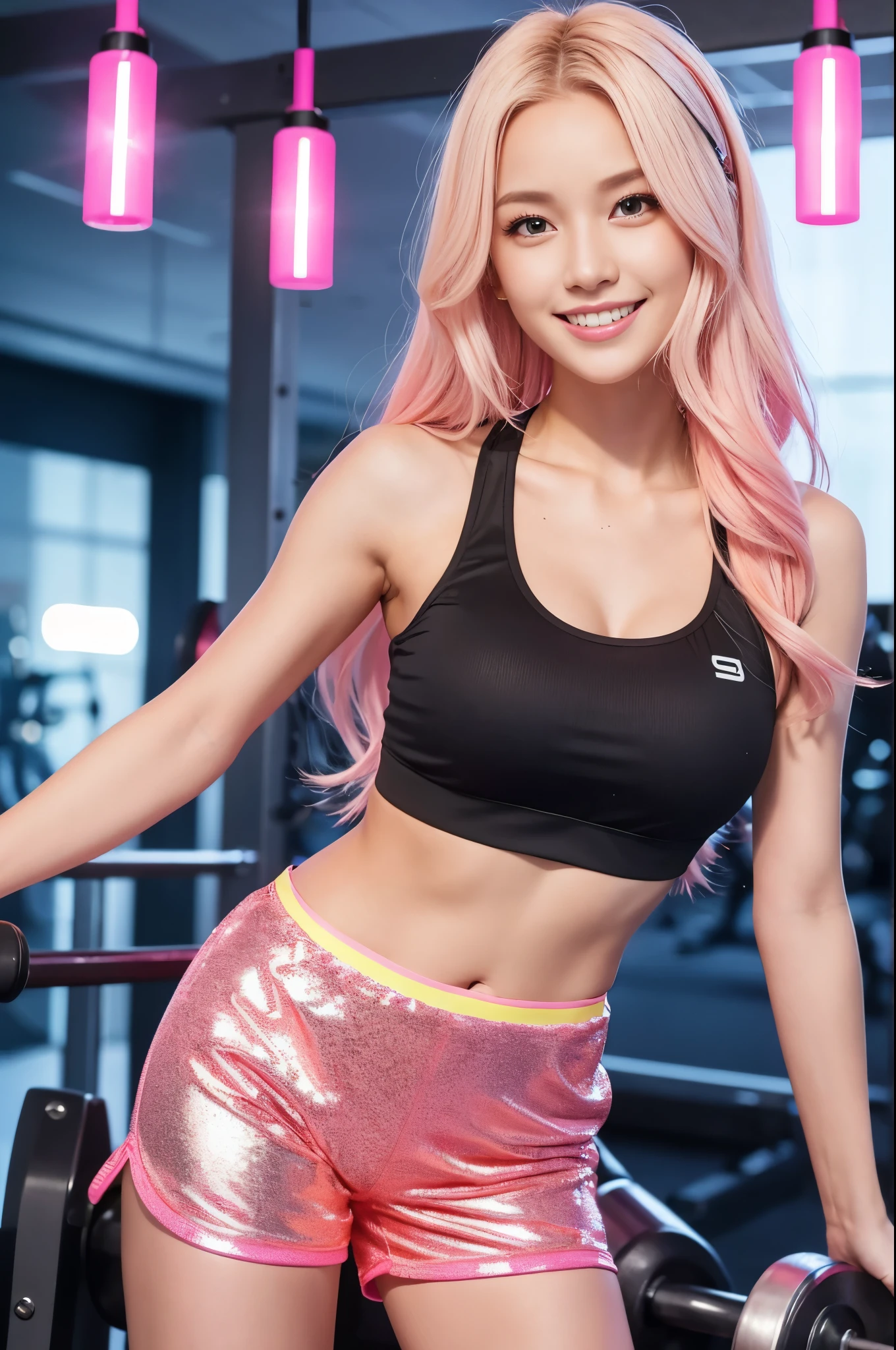 Tall sporty Swedish model、bright smile、、、whole body、very long sparkling stylish hair、、、dramatic pose、Good style、、、、、、、、fluorescent pink and yellow sparkling glowing tight shorts costume、strapless top、、Pink Blonde Hair、、、cyber belt、large sparkling shiny very detailed training gym background