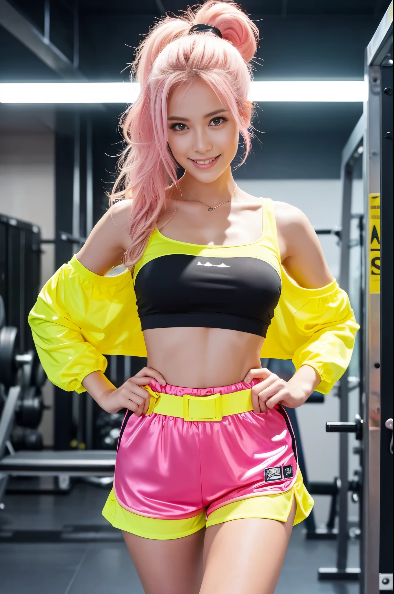 Tall sporty Swedish model、bright smile、、、whole body、very long sparkling stylish hair、、、dramatic pose、Good style、、、、、、、、fluorescent pink and yellow sparkling glowing tight shorts costume、strapless top、、Pink Blonde Hair、、、cyber belt、large sparkling shiny very detailed training gym background