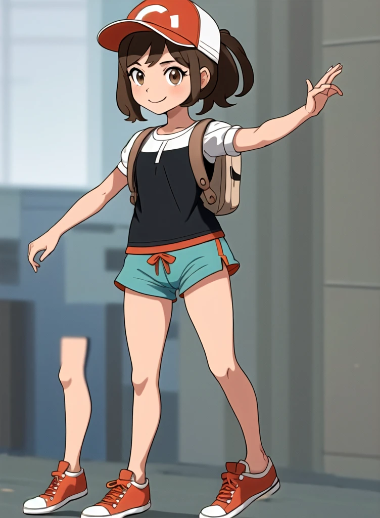 best quality, (masterpiece),(ultra-detailed), (high quality), (high resolution),  elaine, 1girl, smile, bangs, brown hair, shirt, hat,  brown eyes, closed mouth,  white shirt, ponytail, short sleeves, shoes, shorts, bag, black shirt, short shorts backpack, red footwear, sneakers, clenched hand, baseball cap, red headwear, blue shorts, , green shorts,