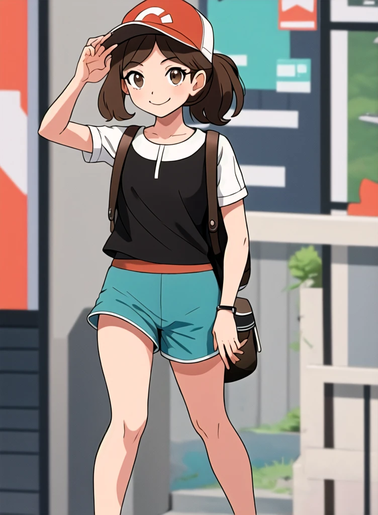 best quality, (masterpiece),(ultra-detailed), (high quality), (high resolution),  elaine, 1girl, smile, bangs, brown hair, shirt, hat,  brown eyes, closed mouth,  white shirt, ponytail, short sleeves, shoes, shorts, bag, black shirt, short shorts backpack, red footwear, sneakers, clenched hand, baseball cap, red headwear, blue shorts, , green shorts,