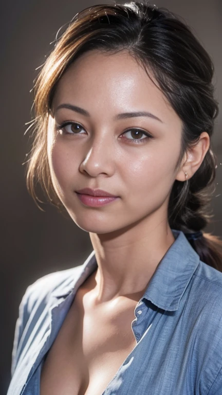 (photograph:1.2)、(photorealistic:1.3)、(masterpiece:1.3)、(Highest image quality:1.4)、ultra high resolution、(detailed eyes)、(detailed facial features)、(Detailed garment features)、8K resolution、solo focus、26 year old mature woman、no makeup、Detailed leal beautiful eyes、bangs、gold hair、long cut hair, braided hair、(realistic skin)、beautiful skin、charming、ultra high resolution、Super realistic、High definition、Camisa branca aberta、small breasts、bust B cup、cool beauty、Gray background、cinematic lighting、perfect、soft light、High resolution skin:1.2、realistic skin texture