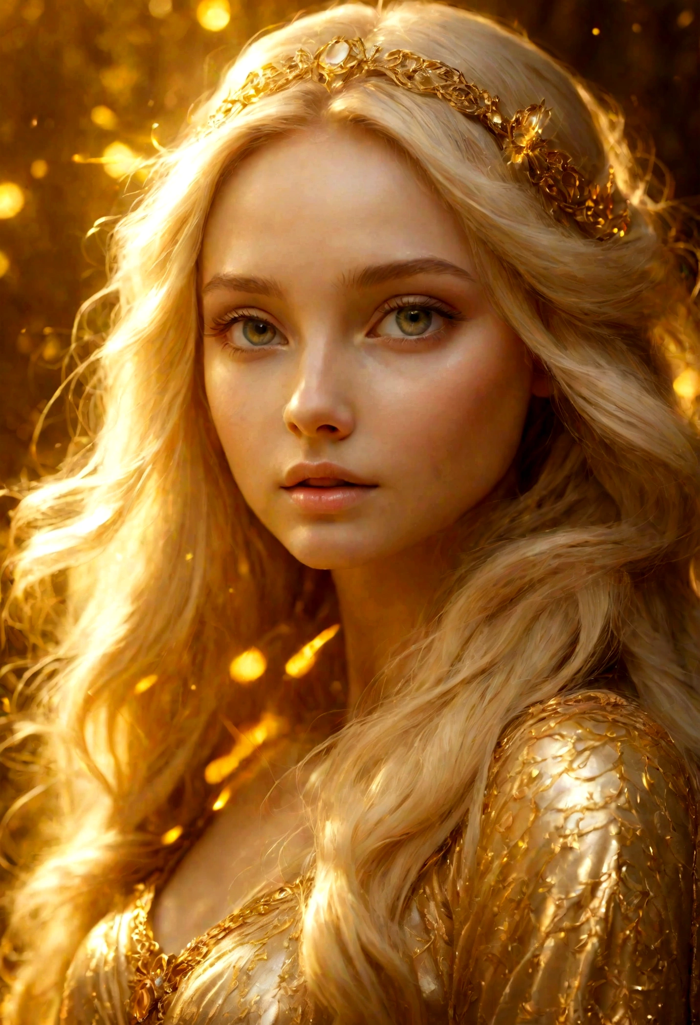 girl with long hair, blonde, gold Ethereal light, glowing magical shiny skin, shining golden aura, Golden glow, Golden Rays, эфирное Angelic существо света, unearthly beauty, light effect, Ethereal light, unearthly dreamy light, fabulous gorgeous lighting, beautiful portrait in fantasy style, Golden Sky Lights, Holy Goddess, Spirituality, high ground, meditation, Angelic