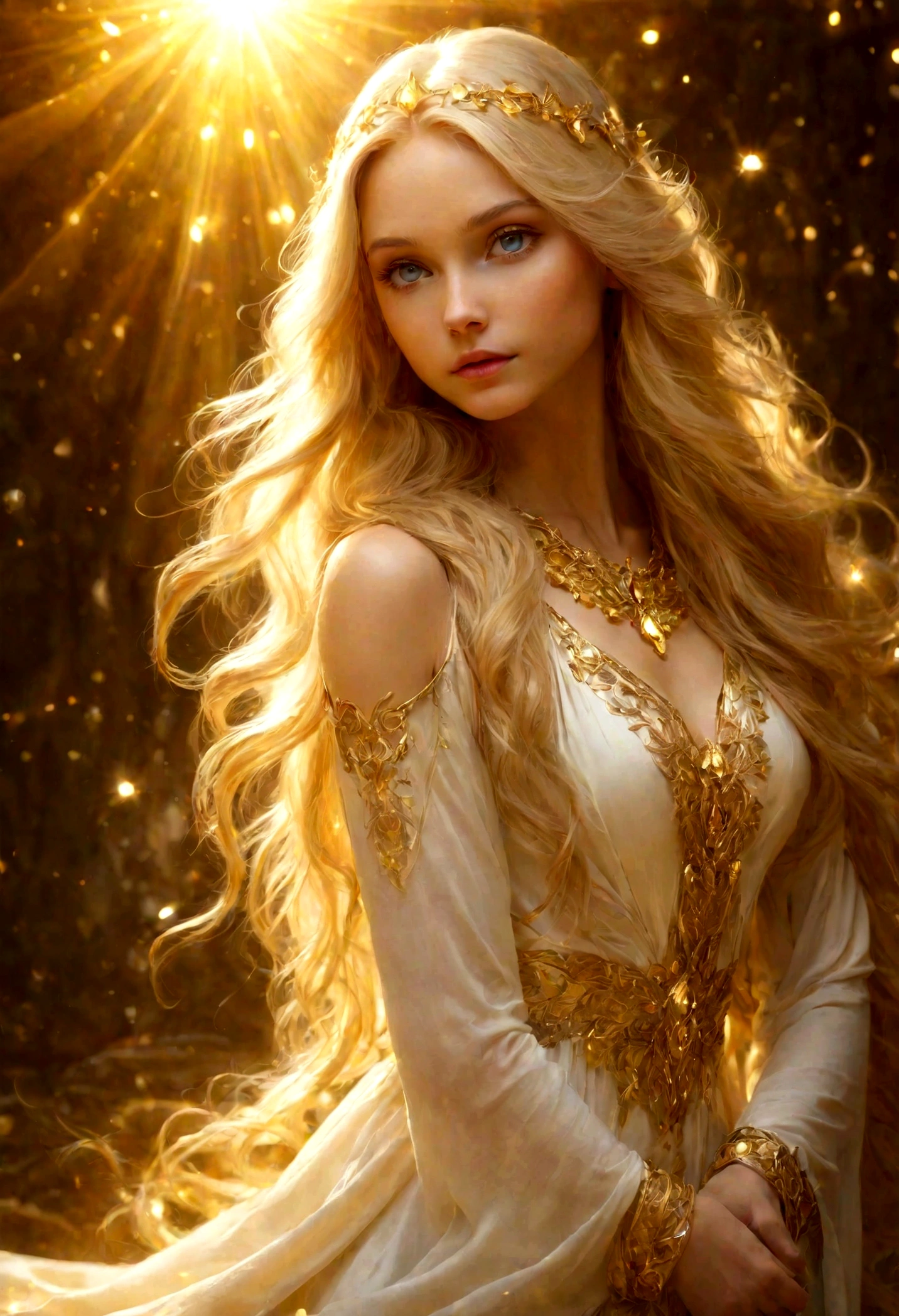 girl with long hair, blonde, gold Ethereal light, glowing magical shiny skin, shining golden aura, Golden glow, Golden Rays, эфирное Angelic существо света, unearthly beauty, light effect, Ethereal light, unearthly dreamy light, fabulous gorgeous lighting, beautiful portrait in fantasy style, Golden Sky Lights, Holy Goddess, Spirituality, high ground, meditation, Angelic