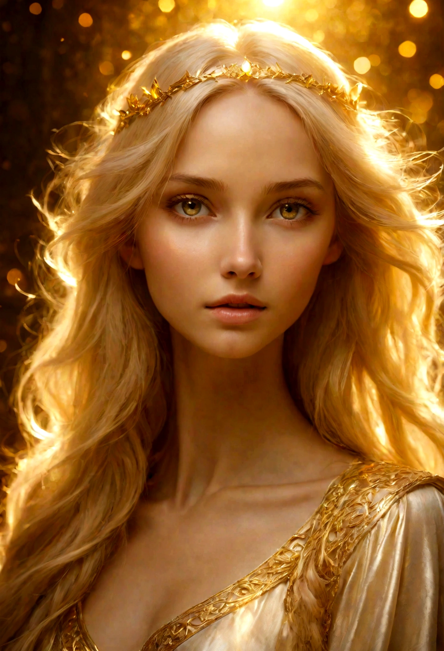 girl with long hair, blonde, gold Ethereal light, glowing magical shiny skin, shining golden aura, Golden glow, Golden Rays, эфирное Angelic существо света, unearthly beauty, light effect, Ethereal light, unearthly dreamy light, fabulous gorgeous lighting, beautiful portrait in fantasy style, Golden Sky Lights, Holy Goddess, Spirituality, high ground, meditation, Angelic
