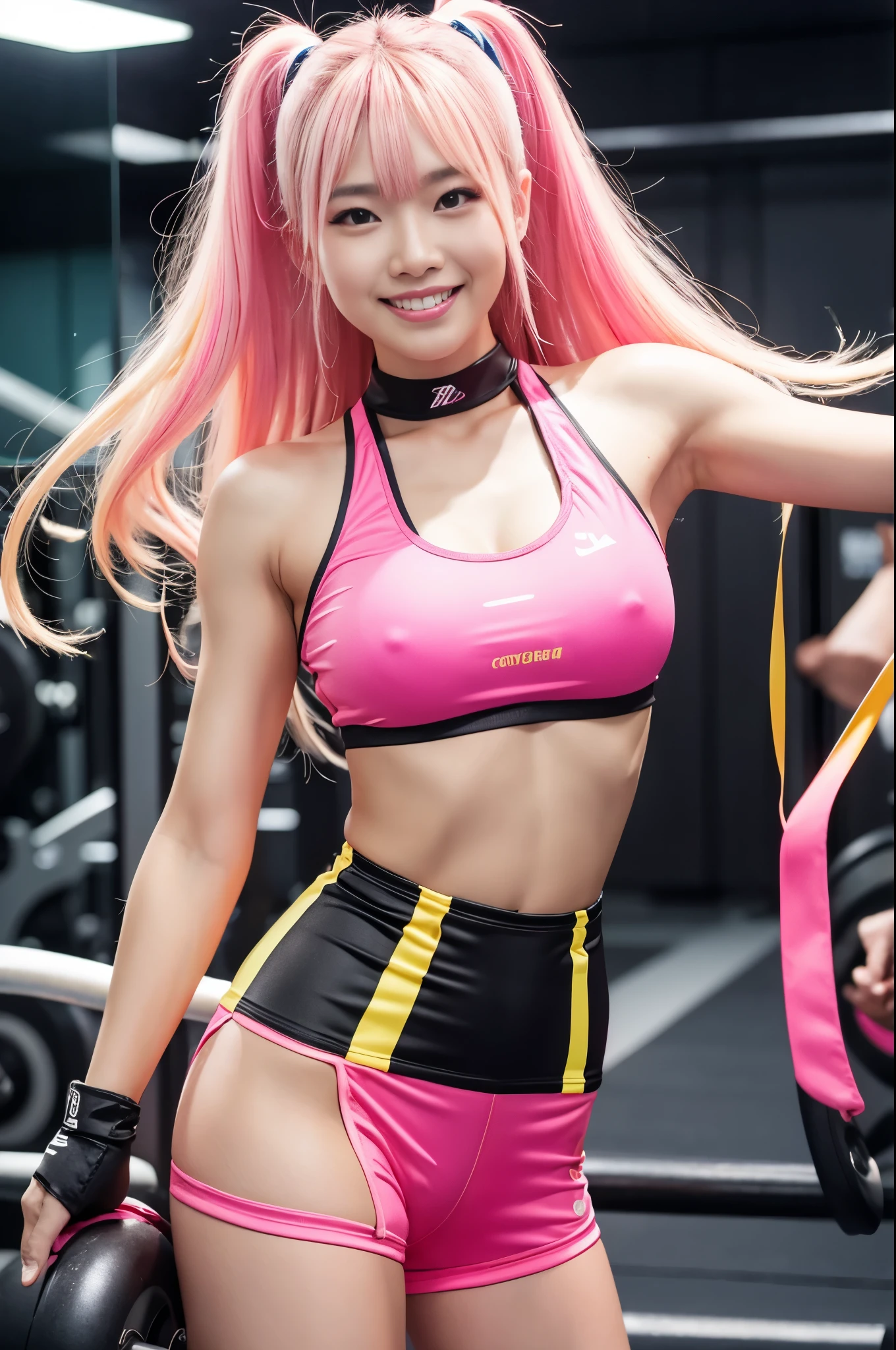 Tall sporty Indonesian model、bright smile、、、whole body、very long sparkling stylish hair、、、dramatic pose、Good style、、、、、、、、fluorescent pink and yellow sparkling glowing tight shorts costume、strapless top、、Pink Blonde Hair、、、cyber belt、large sparkling shiny very detailed training gym background