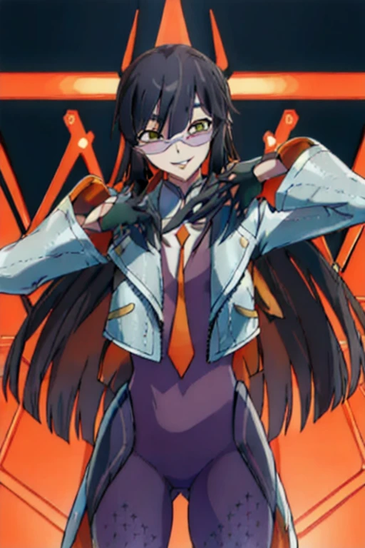 Daraku, girl1, solo, long hair, sun glasses, gloves, pants, smile, looking at viewer, coat, orange ties, best quality, masterpiece, city