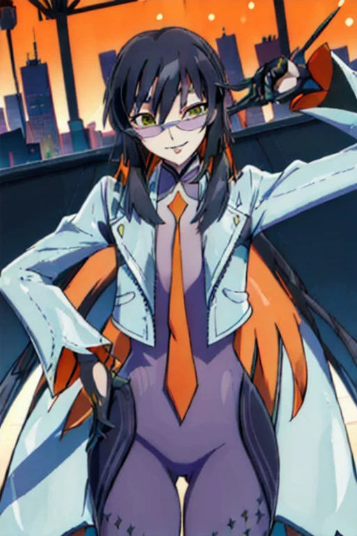 Daraku, girl1, solo, long hair, sun glasses, gloves, pants, smile, looking at viewer, coat, orange ties, best quality, masterpiece, city