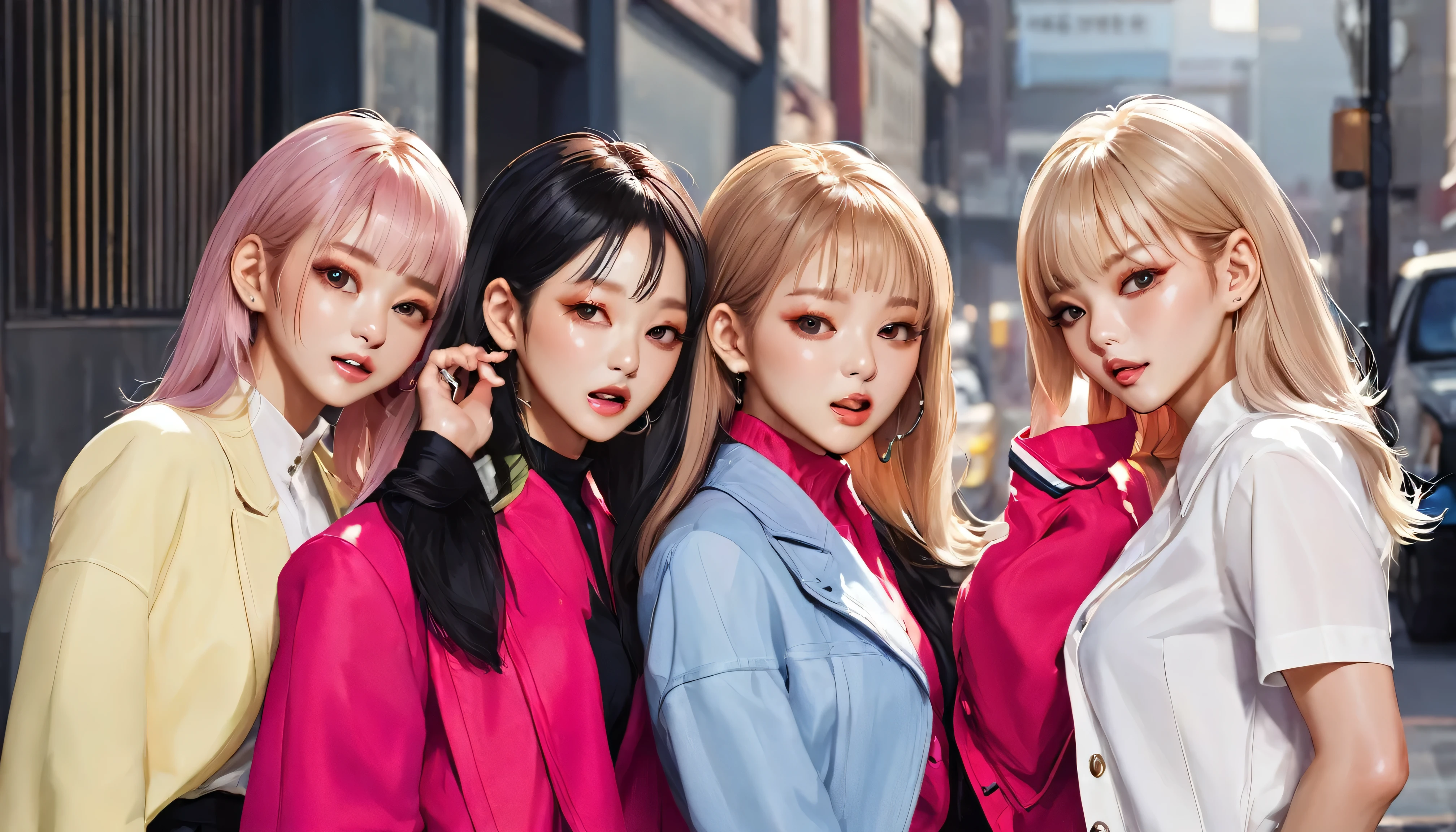 masterpiece, Female 4, dynamic, K-Pop Idols, Promotional Photos, Raise your hand, shout, kiss, Bring your face closer, Downtown, Hustle, Striking eyes, Fine skin, Confident(lol), Bird's-eye view, squint, squint, squint, High resolution, Professional photos, Street Corner, share, pink, See-through bra, String Bikini, Spotlight, Rock singer, Rainbow Hair,, belly button, Straight hair, Put your hands in your pockets, Headphones, Long Hair, tattoo