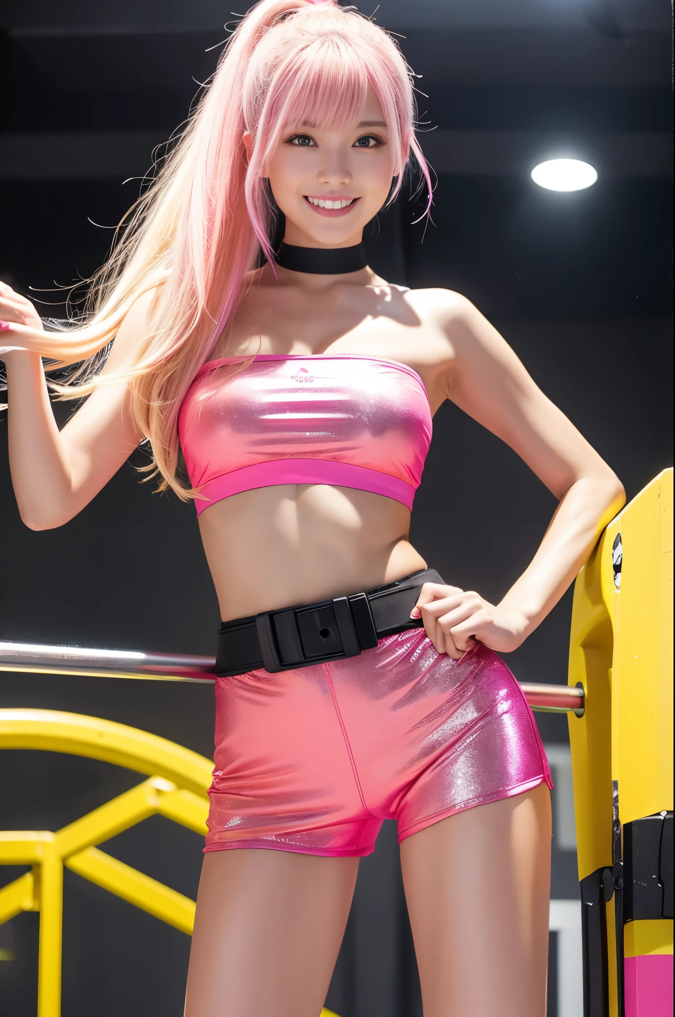 Tall sporty German model、bright smile、、、whole body、very long sparkling stylish hair、、、dramatic pose、Good style、、、、、、、、fluorescent pink and yellow sparkling glowing tight shorts costume、strapless top、、Pink Blonde Hair、、、cyber belt、large sparkling shiny very detailed training gym background