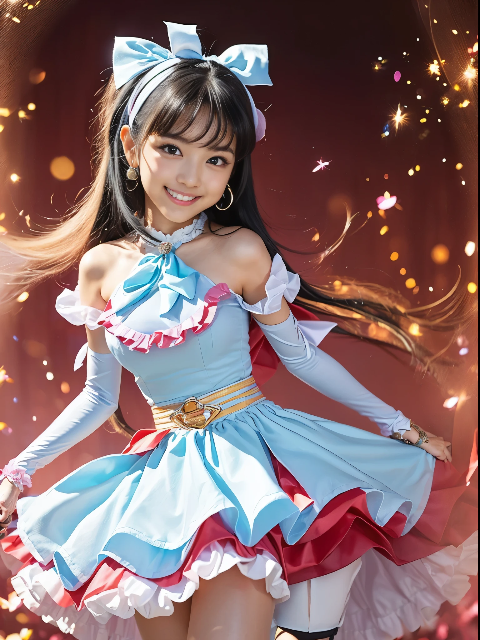 （8k、Raw photography、highest quality、masterpiece：1.2),(Black Hair、Dark Eyes:1.9),(PreCure Costumes:1.6)、Twin tails、View your audience,Viewed from the front,White skin,(:1.6)、(Tight waist:1.6)、(Clothes that accentuate the shape of the breasts:1.0)、(Big Breasts :1.3)、Slim figure、Ultra-high resolution,beautiful,beautiful fece,(one person、No background:1.9),whole bodyボディー,Japanese women,（reality的：1.37）、Photon Mapping,reality、(Baby-faced and cute: 1.2)、(Cute Smile: 1.8)、(Round face: 1.8)、Radio City、Physically Based Rendering、Depth of field rally background、photograph, (I can see your knees、Thigh close-up:1.8),（:1.6）,whole body、Great quality
