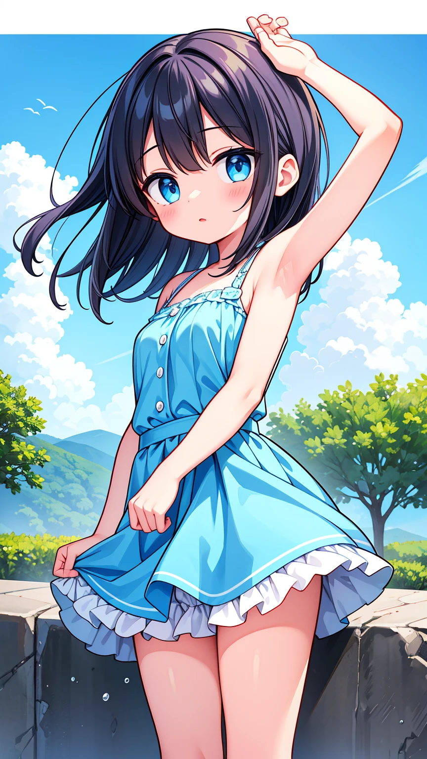 blush, outdoors, daytime, simple background, blue sky, rippled hair, sky, looking at the audience, girl, flat breasts, (chibi:0.6), very cute expression, small short legs, avatar, toes, panties