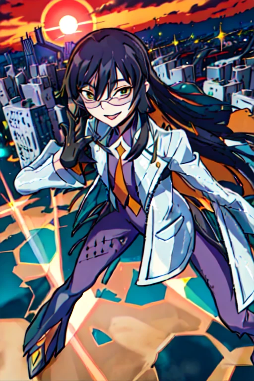 Daraku, girl1, solo, long hair, sun glasses, gloves, pants, smile, looking at viewer, coat, city