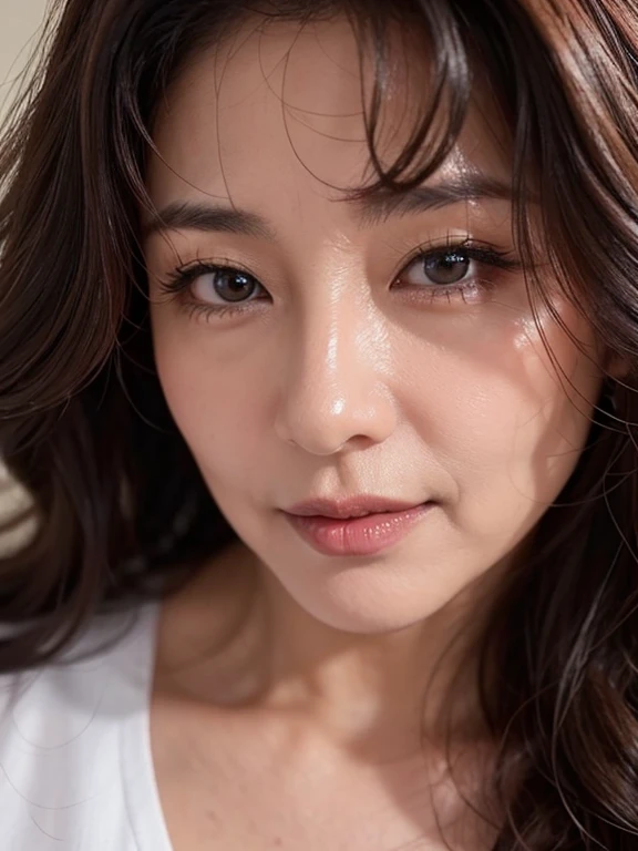 55 years old、Mature Woman、Sexy look、(Extreme close up from the front:1.4)、Beautiful face、Beautiful long hair、Curly Hair、