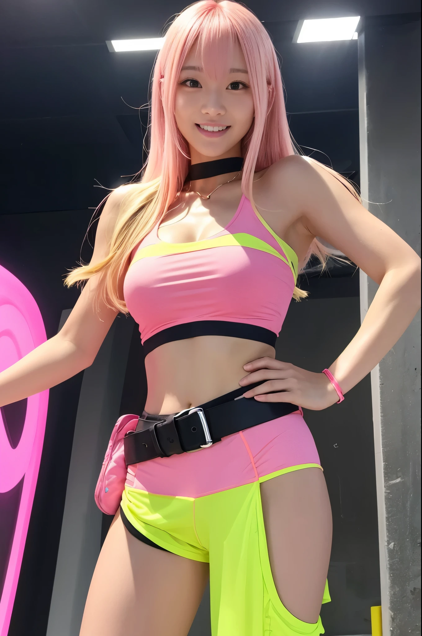 Tall sporty Japanese model、bright smile、、、whole body、very long stylish hair、、、dramatic pose、Good style、、、、、、、、Fluorescent pink and yellow tight shorts costume、strapless top、、Pink Blonde Hair、、、cyber belt、large very detailed training gym background