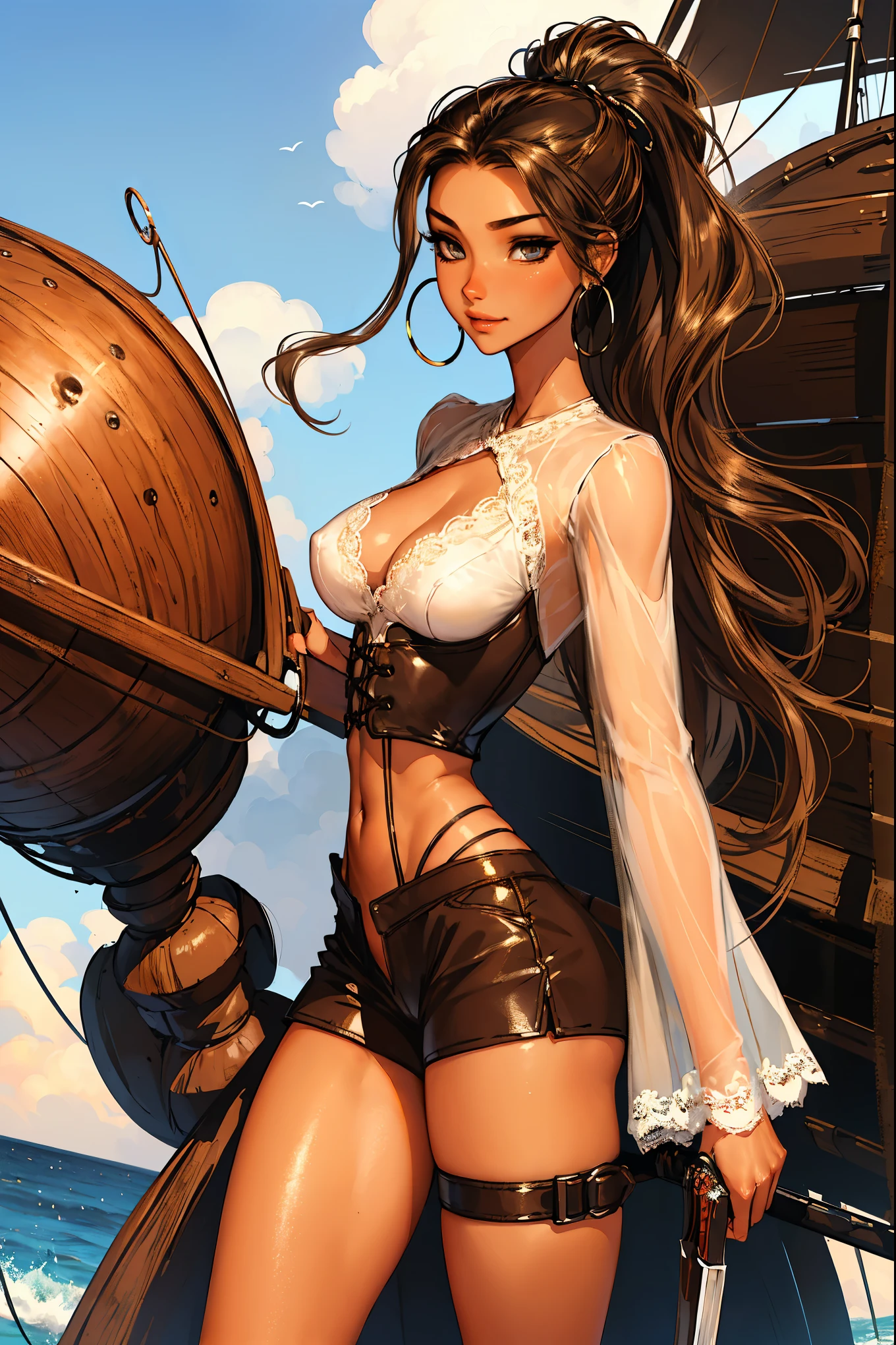 (masterpiece), best quality, expressive eyes, perfect face, (pirate ship background), (standing), (smirk), (closeup view), (1girl, vanessa alessia, dark skin, tanned skin, brown hair, wavy hairstyle, brown eyes, hourglass figure, thin body, skinny body, petite_body, medium breasts, thick thighs, long fingernails, brown plaid head wrap, white front lace blouse, long sleeve, loose fit, brown leather corset, brown leather shorts, brown boots, sheathed cutlass sword, flintlock pistol in holster, hoop earrings, miscellaneous jewelry),  big breasts, stripping, elegant makeup, exhibitionism, naked in public, , slim thighs, toned body, shiny skin, sexy pose, blue eyes, narrow hips, wearing high hip thong and see-through top, amber eyes