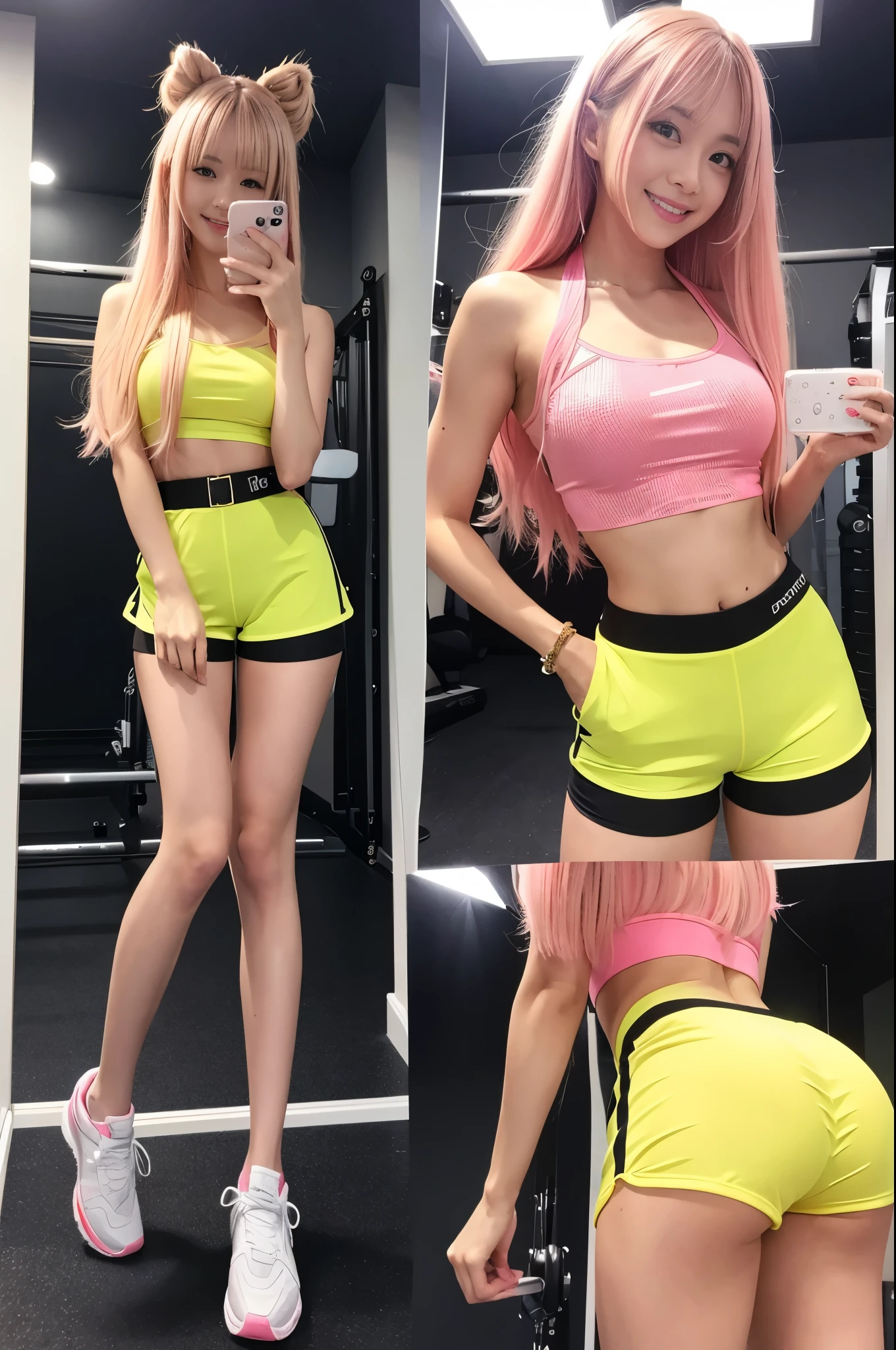 Tall sporty Japanese model、bright smile、、、whole body、very long sparkling stylish hair、、、dramatic pose、Good style、、、、、、、、fluorescent pink and yellow sparkling glowing tight shorts costume、strapless top、、Pink Blonde Hair、、、cyber belt、large sparkling shiny very detailed training gym background