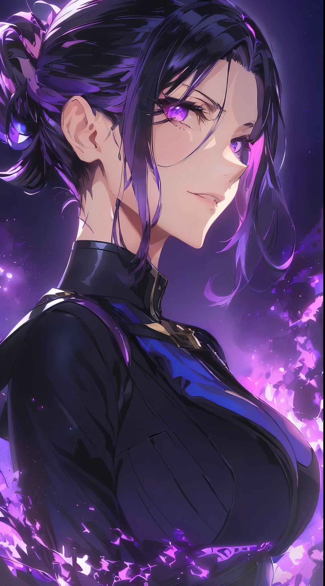 a woman with black hair and pink eyes standing in front of a blue light, violet evergarden, anime visual of a young woman, portrait of a female villain hero, female protagonist 👀 :8, official art, key anime art, key anime visuals, a-1 pictures, female anime character, today's featured anime still, anime visual of a cute girl, key visual