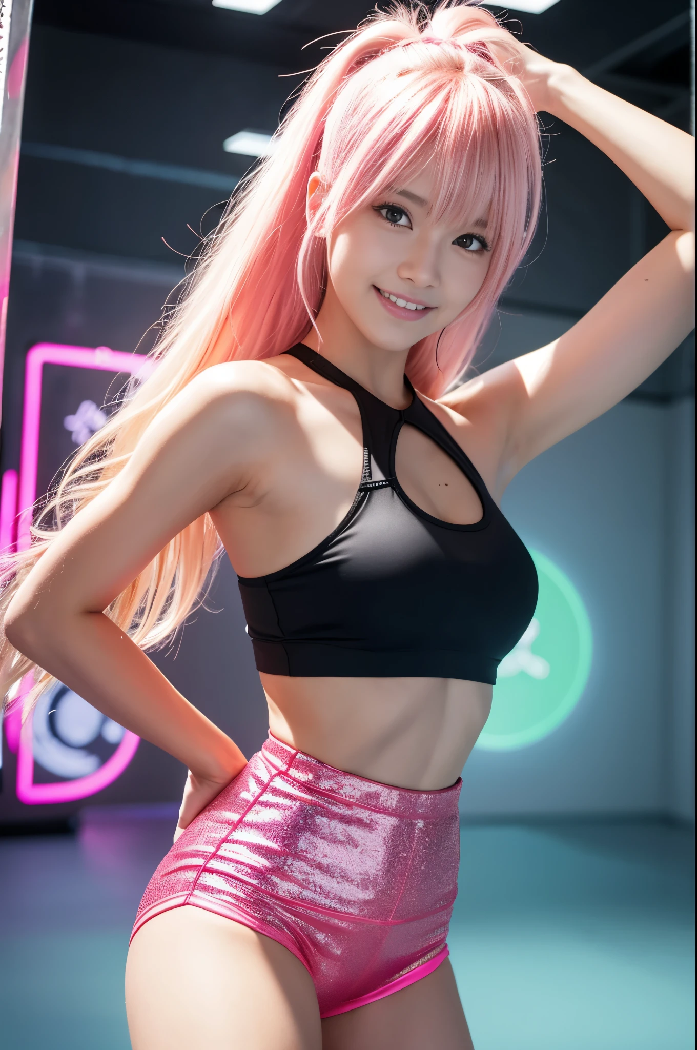 Tall sporty Swedish model、bright smile、、、whole body、very long sparkling stylish hair、、、dramatic pose、Good style、、、、、、、、fluorescent pink and yellow sparkling glowing tight shorts costume、strapless top、、Pink Blonde Hair、、、cyber belt、large sparkling shiny very detailed training gym background