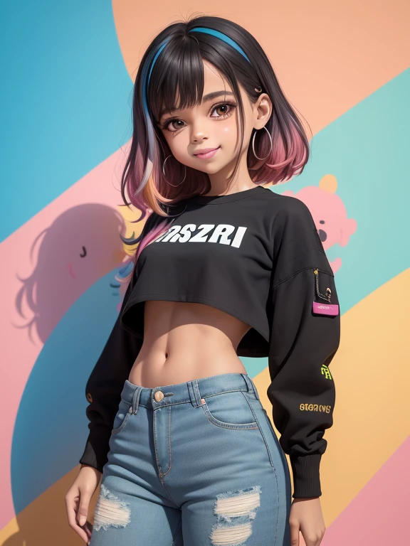 (obra-prima), (melhor qualidade), (ultra-detalhado), (corpo inteiro: 1.2) loli garota negra, crop moletom preto, pants, crop blouse, sorriso claro, corpo inteiro, :3, cabelo multicolor, enrolado, encaracolado, crespo moderno, Modern accessories, fundo tom pastel , colorido e simples.